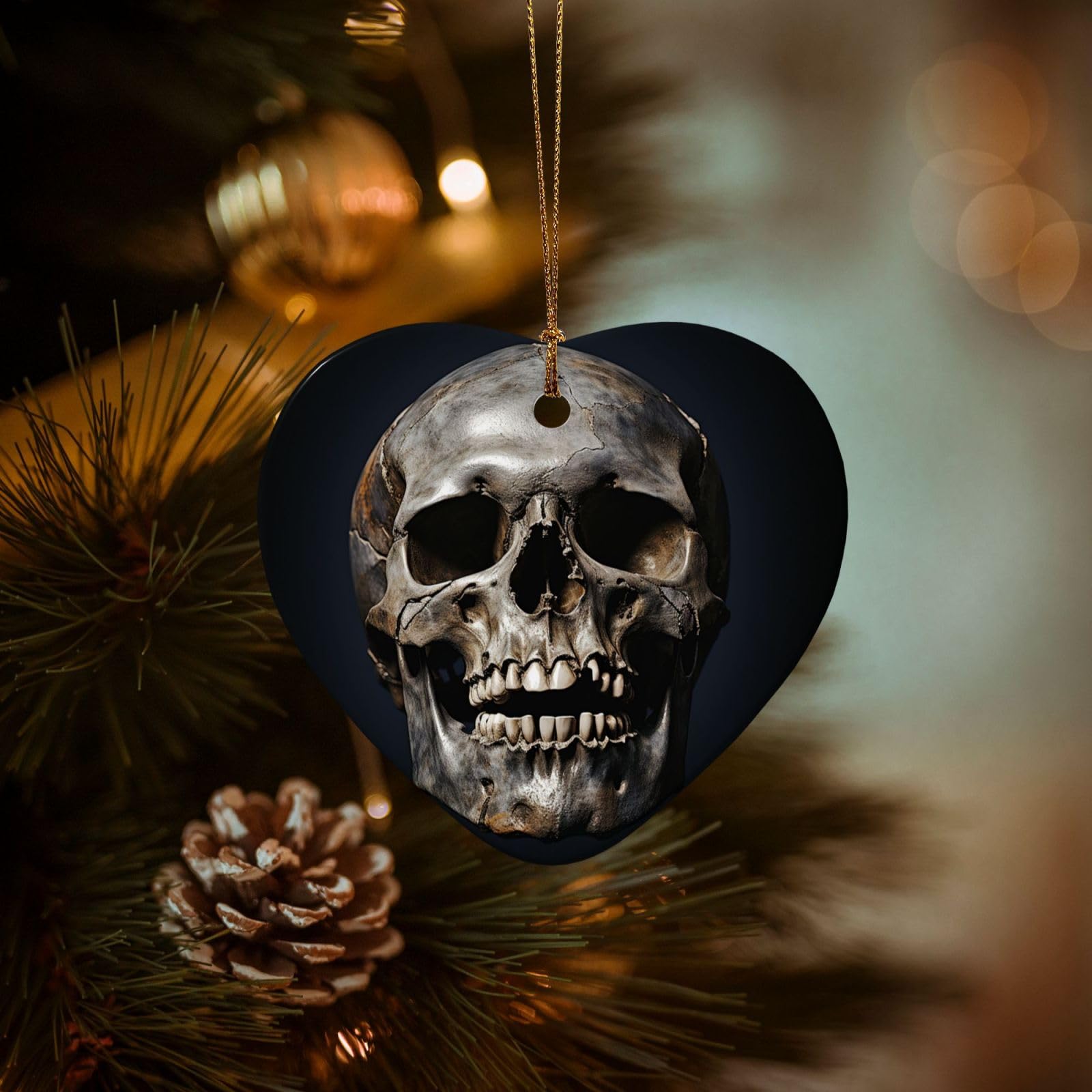Christmas Ornaments for Christmas Tree Decoration Hanging Death Skull Ornament with Gold Ribbon Crafts Heart Shape Ceramic Pendant for Keepsake Gifts Xmas Decor Party Supplies