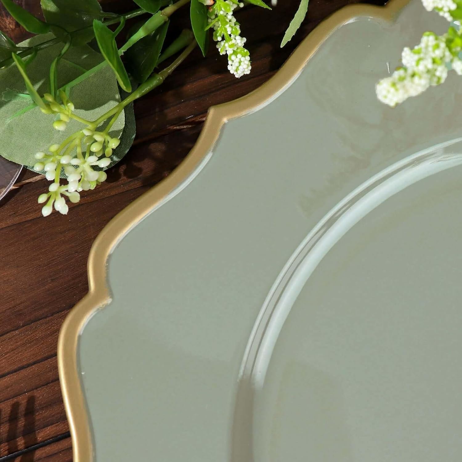 13" Charger Plates - Set of 12 - Dusty Sage Green Round Acrylic Chargers with Scalloped Rim, Ideal for Dinner Party Wedding Holiday Bulk Events