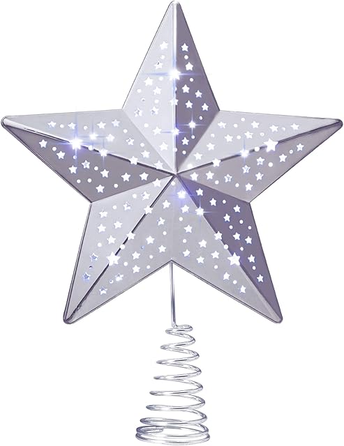 Christmas Tree Toppers Star Silver Pre-lit with 25 LED Lights Batteries Operated
