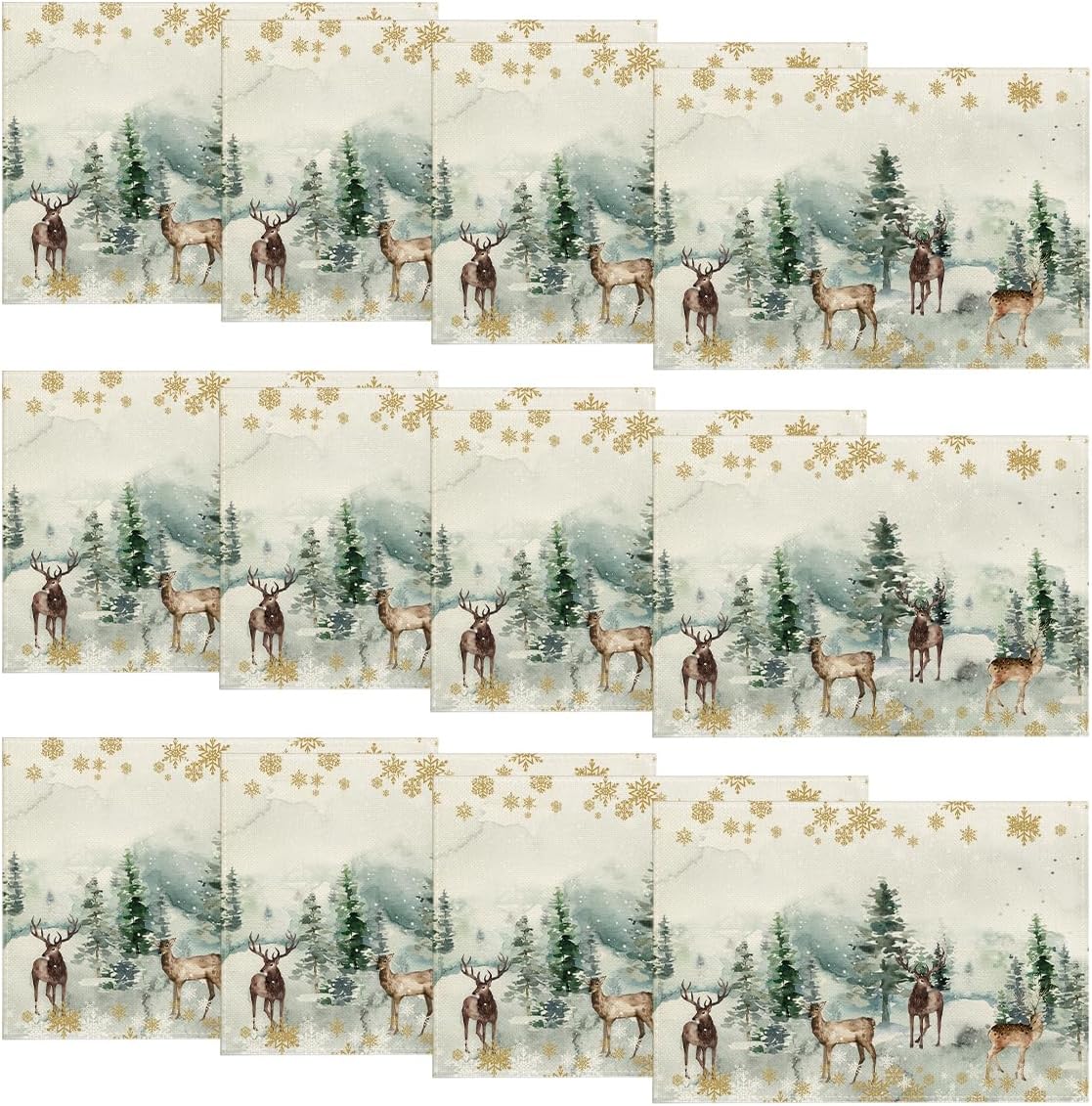 Artoid Mode Watercolor Deer Trees Snowflakes Christmas Placemats Set of 12, 12x18 Inch Seasonal Winter Table Mats for Party Kitchen Dining Decoration