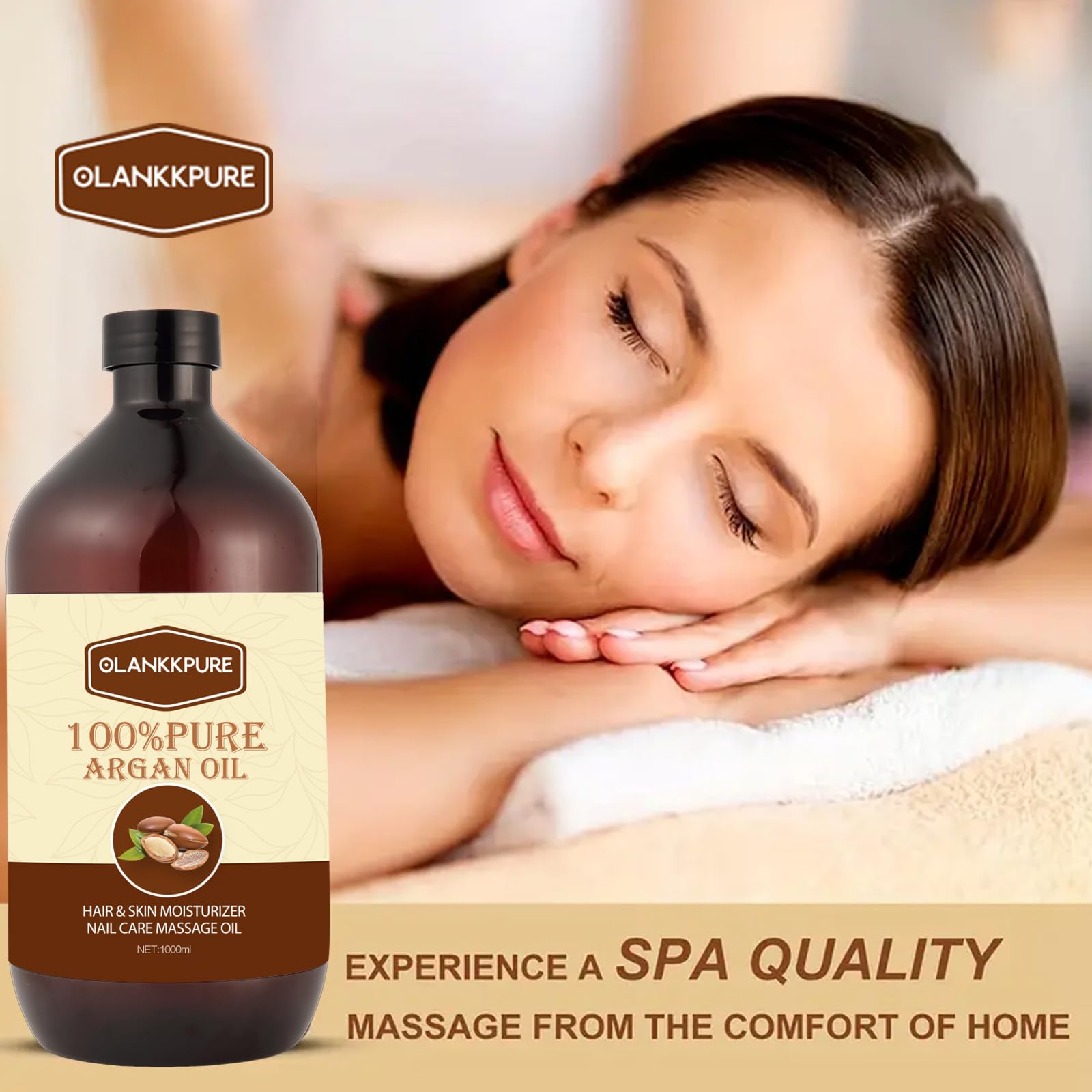 100% Reines Arganöl, Premium Ätherisches Öl für Haare, Haut, Nägel, Massage, Feuchtigkeitspflege, Mehrzweck Körperöl, 1000ml