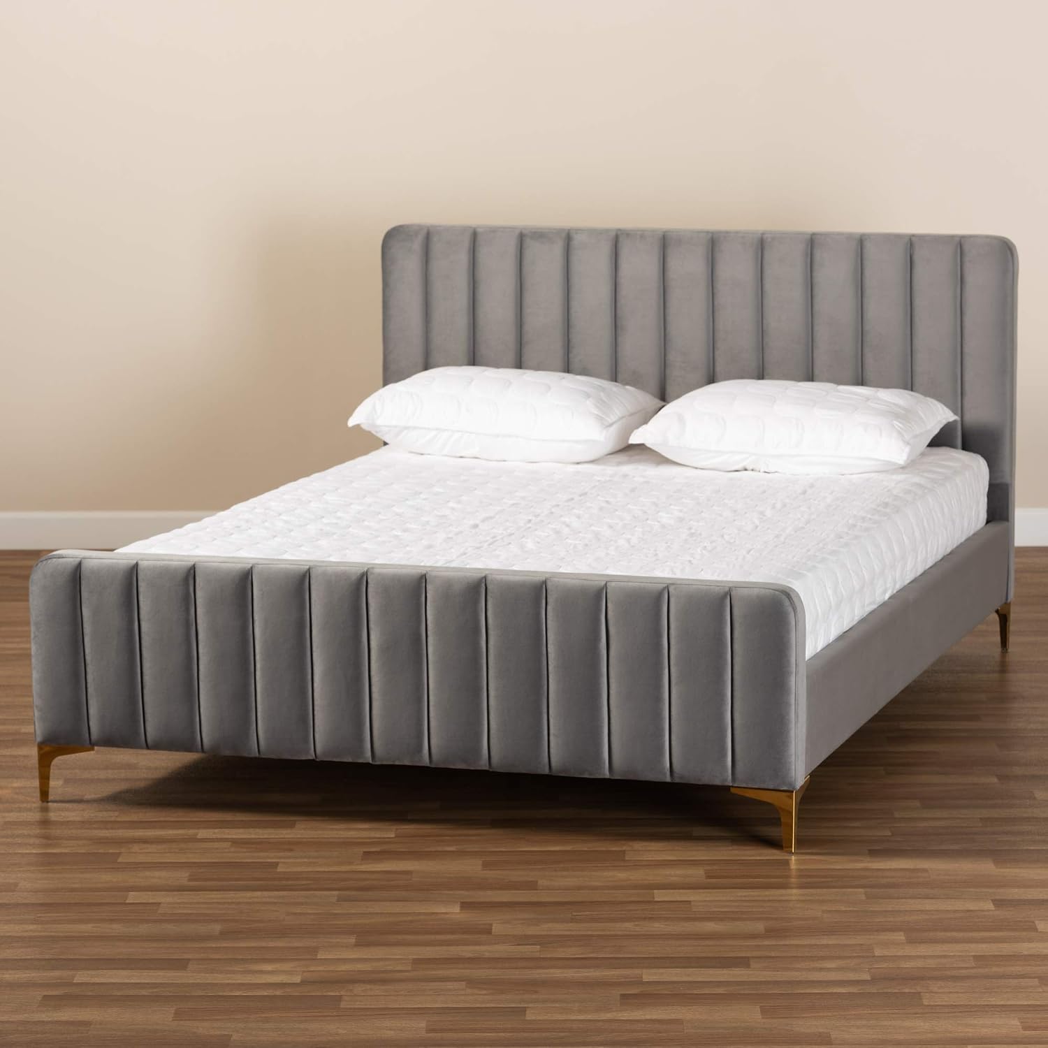 Baxton Studio Nami Modern Contemporary Glam and Luxe Light Grey Velvet Fabric Upholstered and Gold Finished King Size Platform Bed