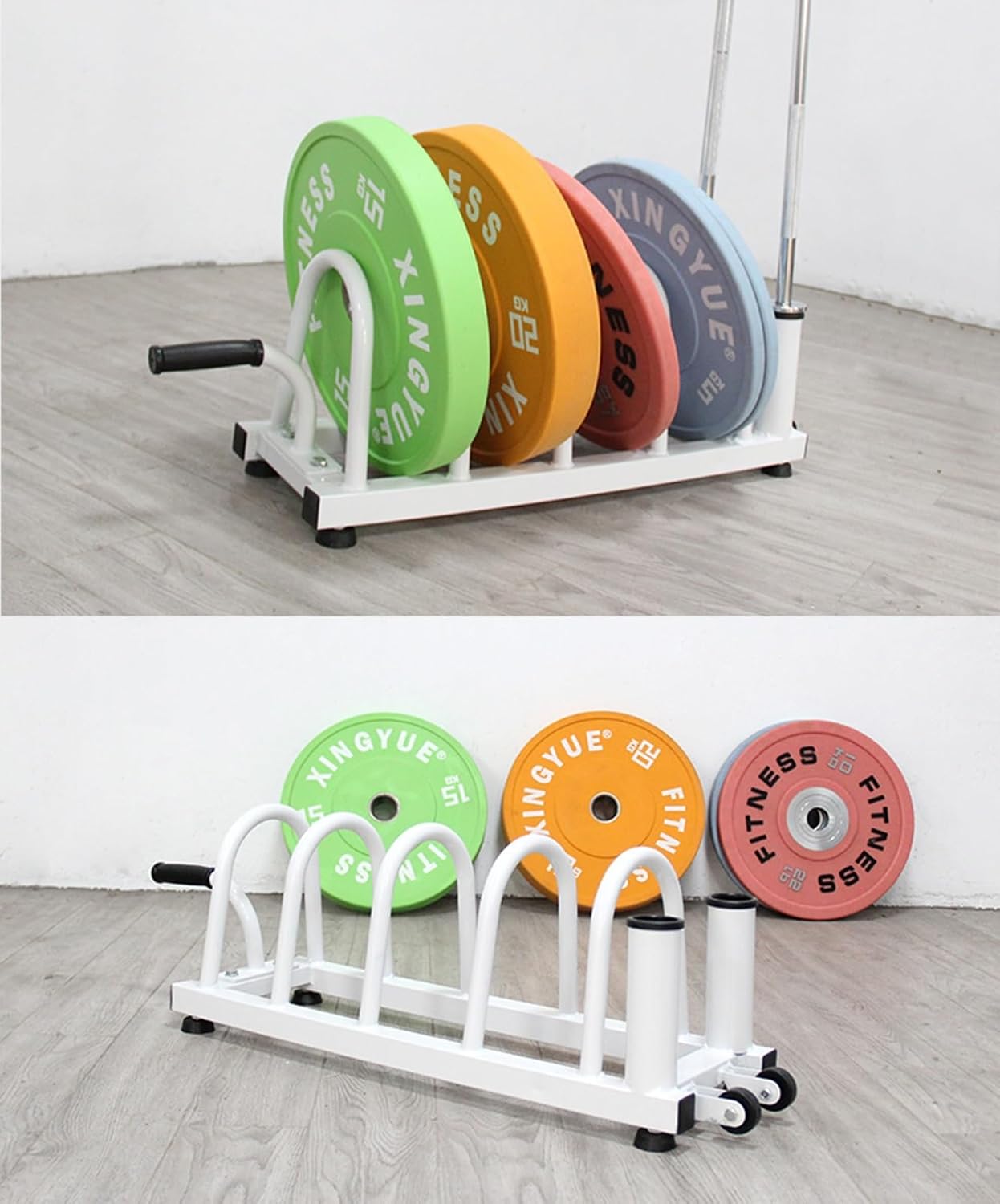 ARCVOX Barbell Plate Rack with Wheels & Handle, Weight Plate Bar Storage Rack, Steel Barbell Stand Plate Holder, Multifunctional Weightlifting Gym Rack (Color : White, Size : Size L)