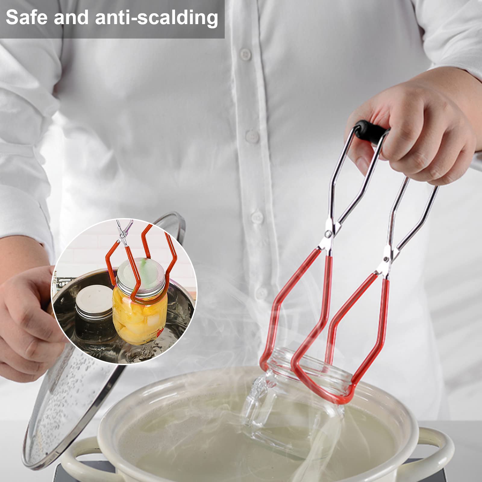 Canning - Pinze per vasetti, in acciaio inossidabile, anti-scottatura, con clip in vetro antiscivolo, con impugnatura in gomma, per cucina, ristorante