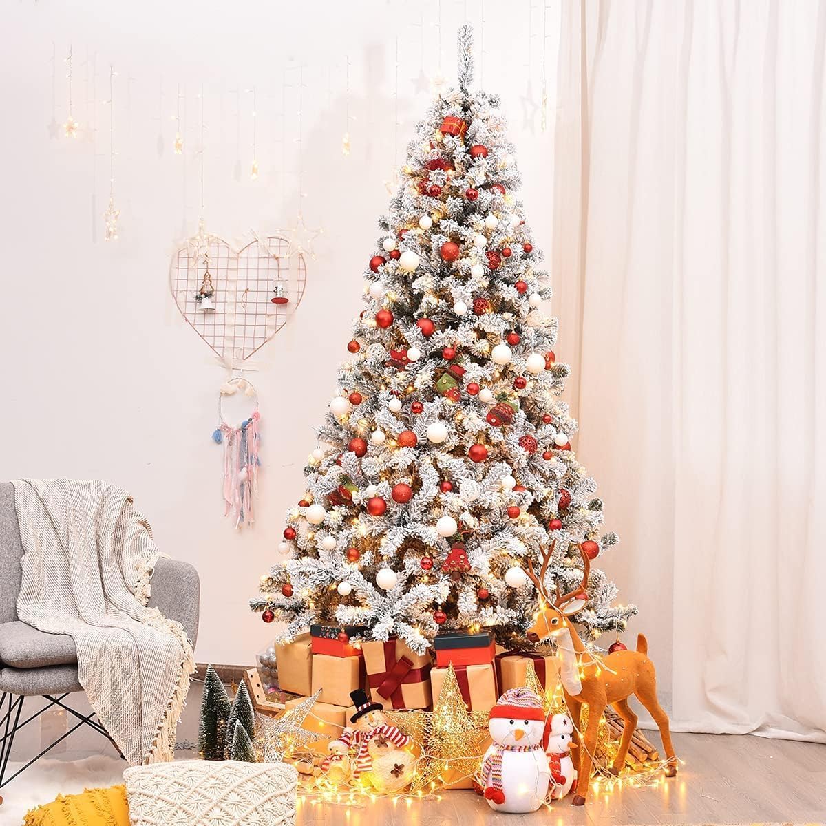 RELAX4LIFE Árbol de Navidad Nevado de PVC Ignífugo con 250/450 Luces LED Cálidas, Árbol de Navidad con Nieve, Base de Metal, Arvore de Natal Automático para Casa/Oficina/Tienda (225cm, 1010 Ramas)