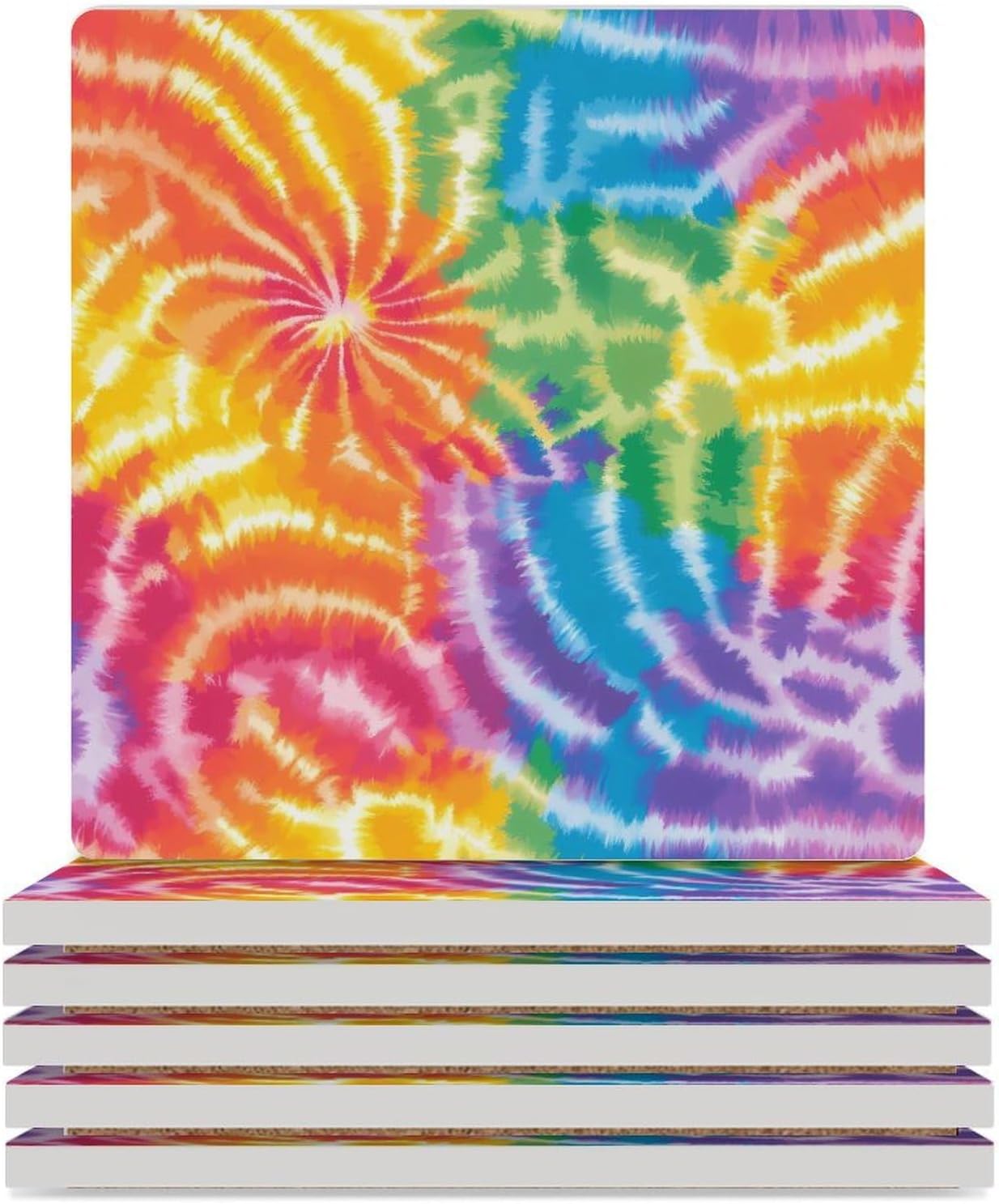 Rainbow Tie-dye Coasters for Drinks Square Table Coasters Set Cup Mats with Cork Base