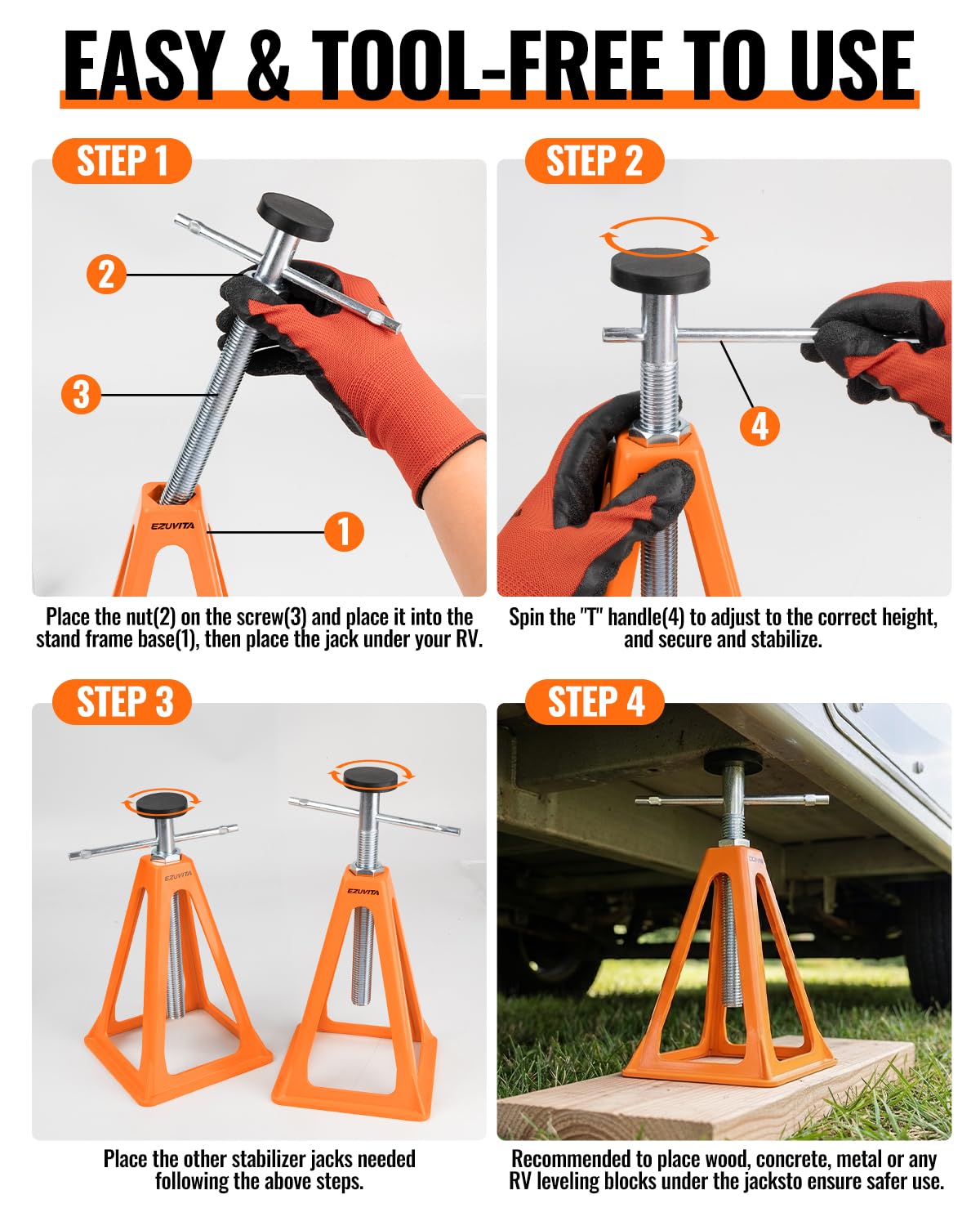 Alu Stützböcke 4er Set für Wohnwagen, 28-43cm Orange | Gegossenes Aluminium, 28-43 cm höhenverstellbar, 12 t Gesamttragkraft, für Wohnwagen, Camper und Wohnmobil