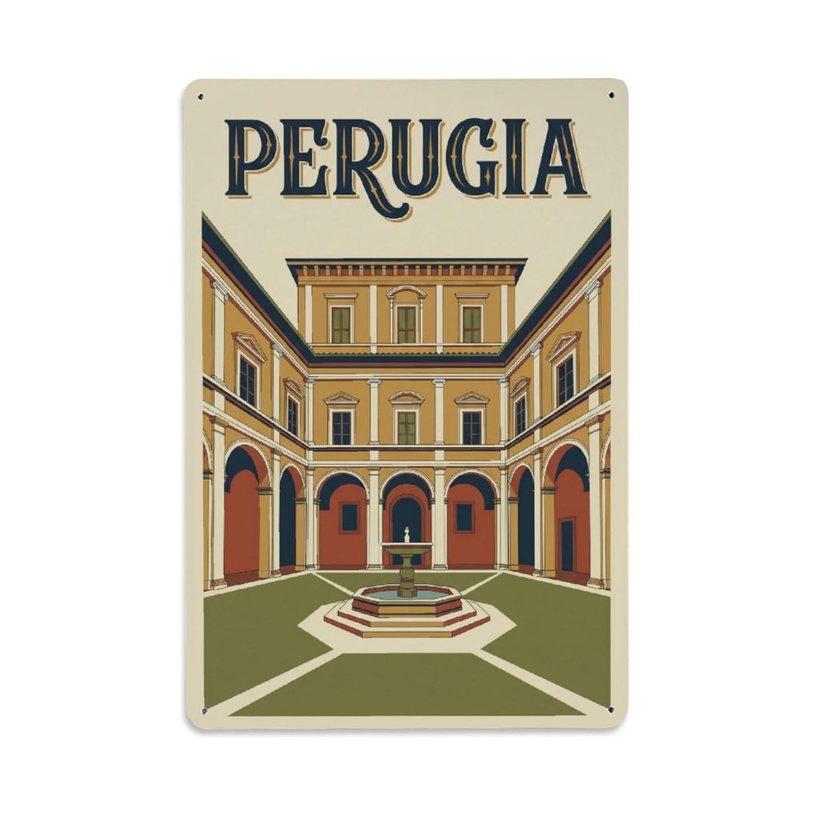 Vintage Travel Perugia Palazzo Donini Clean Italy Metal Tin Sign Plaque Wall Decor for Cafe, Club Bar, Office, Home Garden Metal Poster 8x12Inch