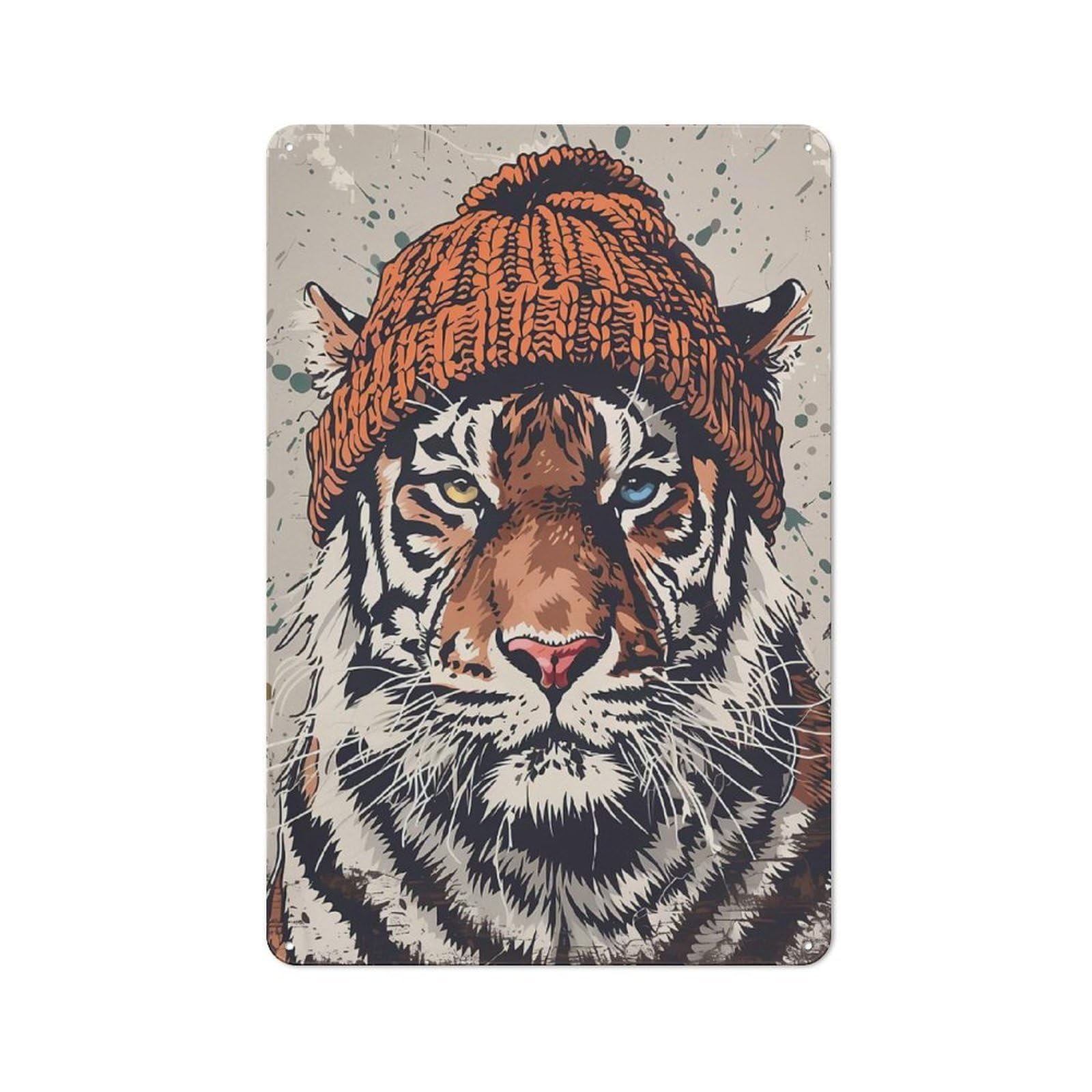 Junmoney Tiger In Beanie Tin Wall Plaque 30X20cm With For Home Office Or Studio, Gift Idea At Christmas For Creative Workspace Decorators