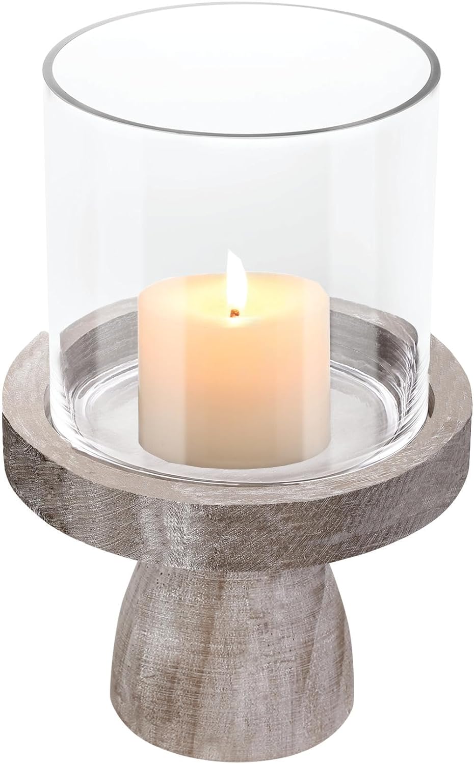 7" Wide Farmhouse Glass Hurricane Candle Holder & Glass Vase with Vintage Brown Sturdy Solid Wooden Base for Pillar & Flower Arrangement, Terrarium, Centerpiece, Console Table, Dining Table, Mantel