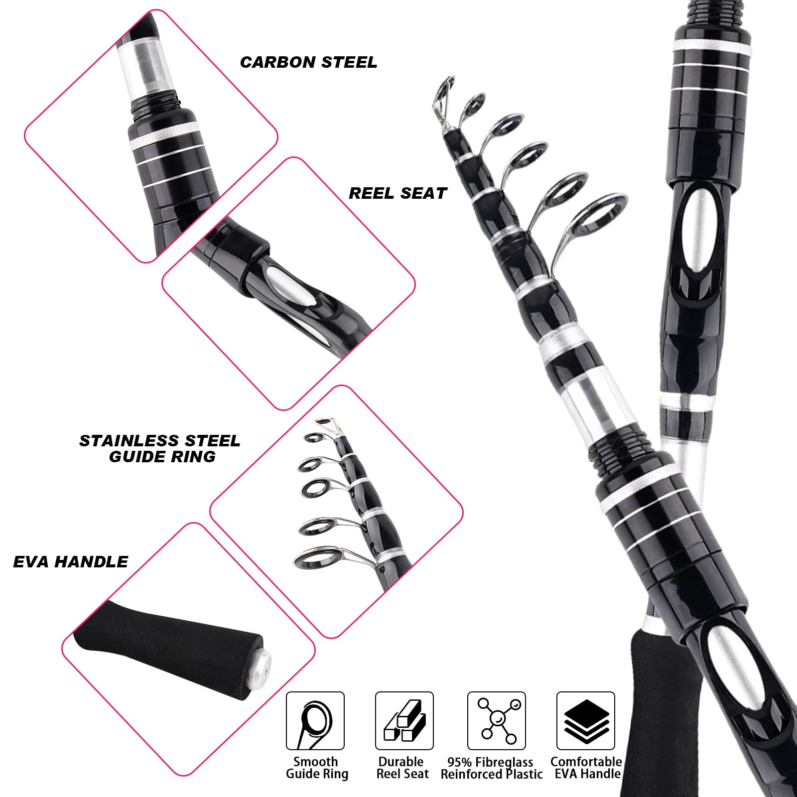 Teleskop-Angelruten und Rollen, Kombi-Set, 2,1 m, tragbare Angelrute, Spinnrolle, Köder, Zubehör mit Aufbewahrungstasche, Salzwasser, Süßwasser, Angelrute, Kombi, Angler-Geschenk, 2 Stück