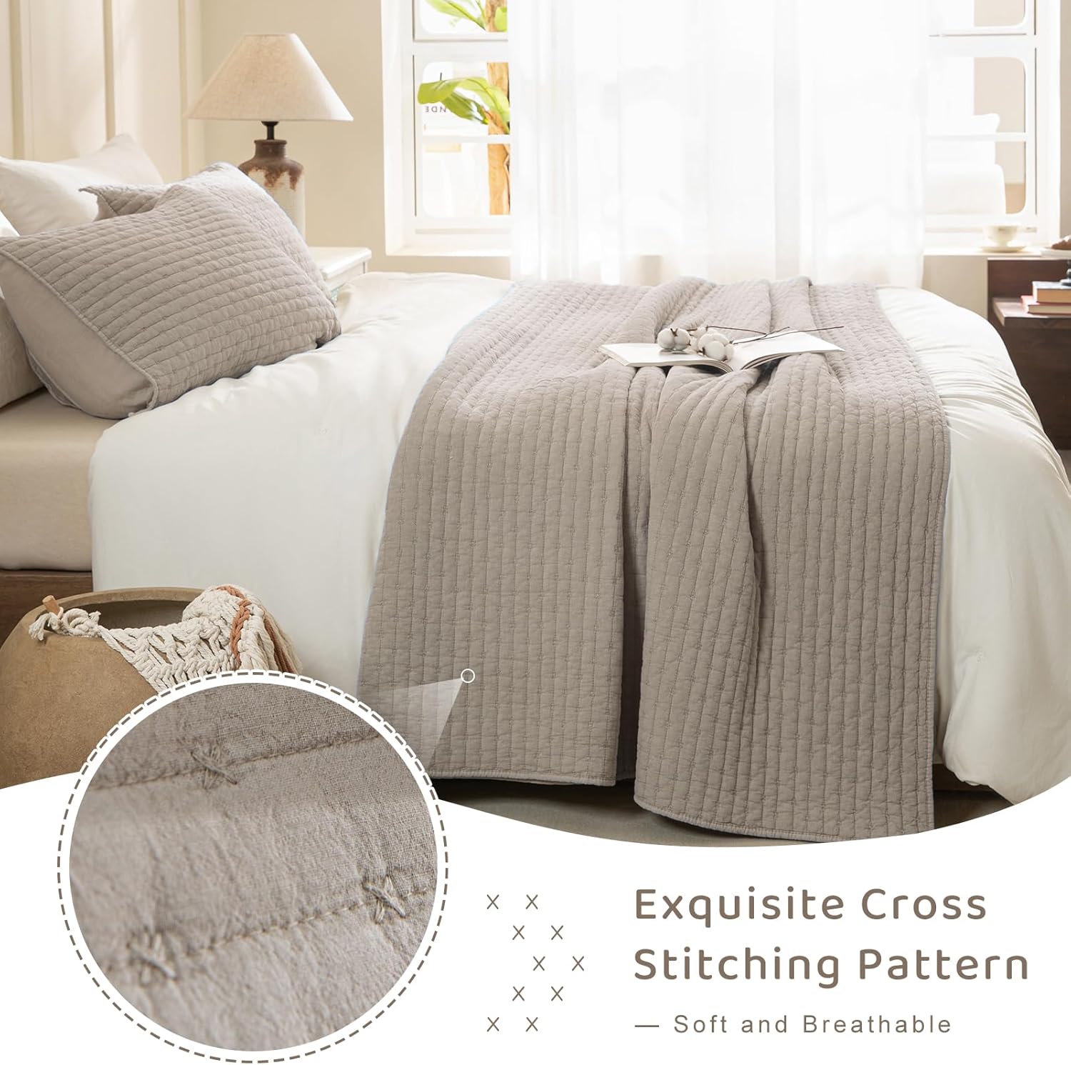 Sanracie Stonewashed Cotton Coverlet Oversized King(120"x120"), Linen Colored Cross Stitch Pattern California King Quilt Sets 3Pcs Ultra Soft Lightweight Crinkle Bed Coverlet Set for All Season - Image 8