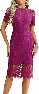 Elegant Lace Cocktail Dress for Women – Short Sleeve Semi Formal Knee Length Bodycon Dress for Party Wedding Guest
