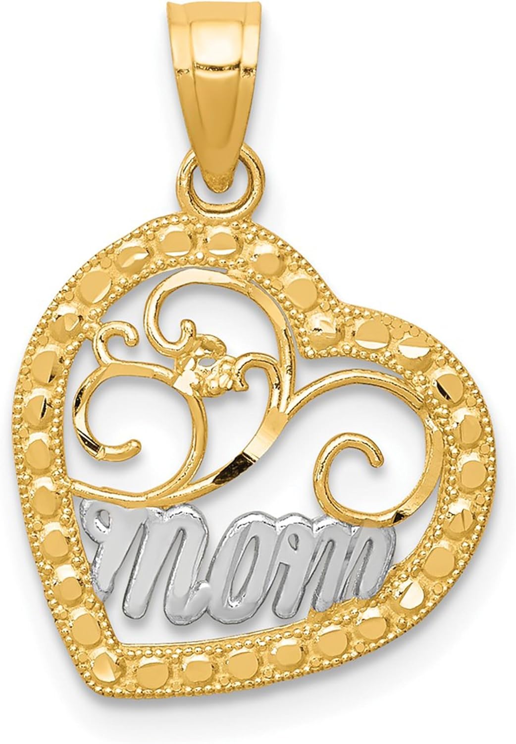 DewberryDiamonds 10K Yellow Gold & Rhodium MOM Heart Charm Pendant for Mother's Day (Weight : 0.56 gm, Length : 20 mm, Width : 14 mm)