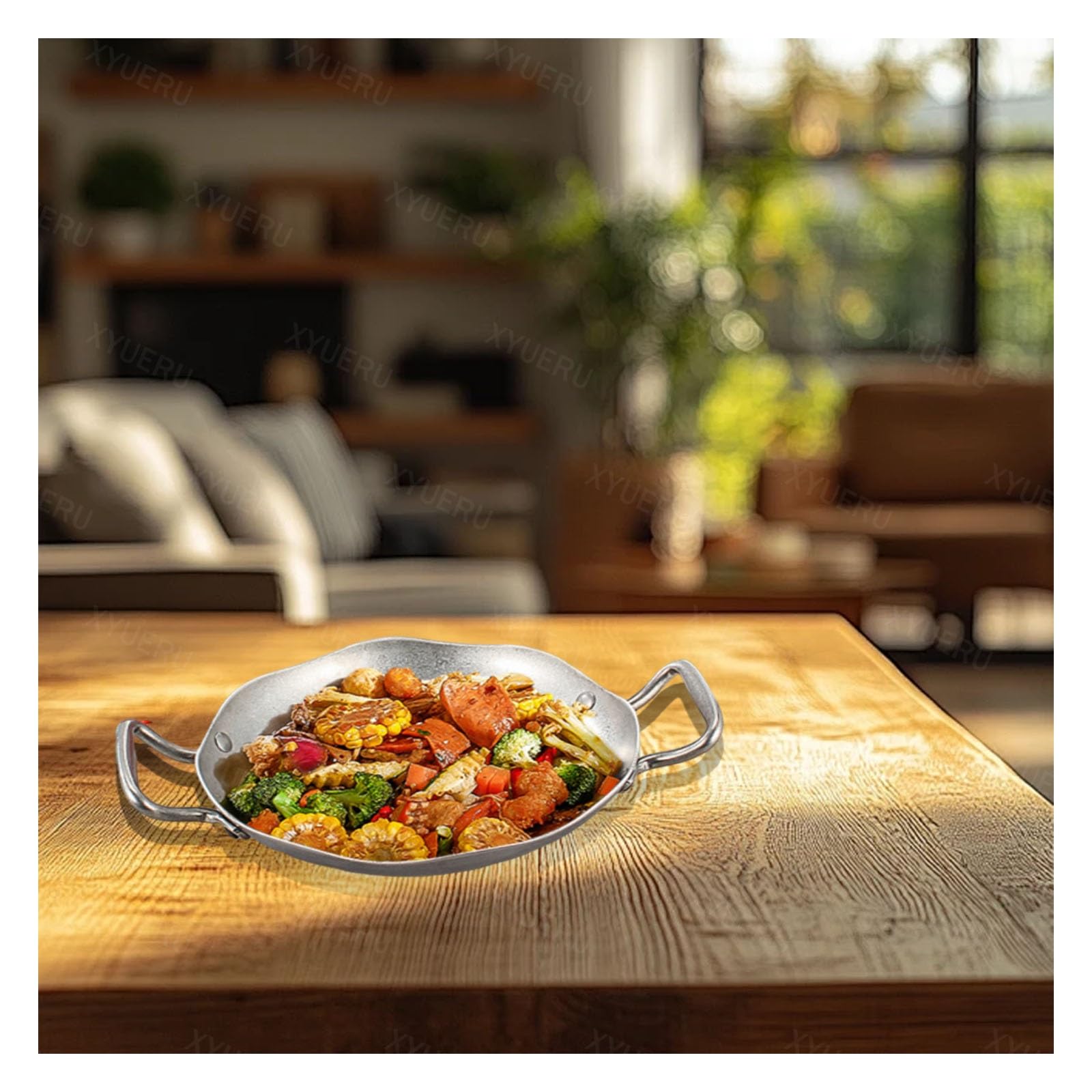 Paellera de acero inoxidable con doble oreja, olla versátil para inducción, mariscos y pasta, ideal para uso doméstico y restaurante