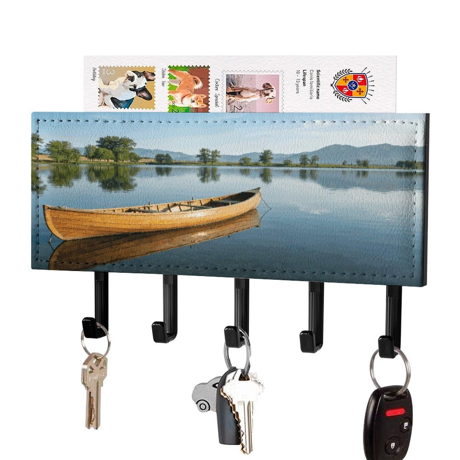 Soporte de pared para llaves diseño de canoa con estante flotante y 5 ganchos