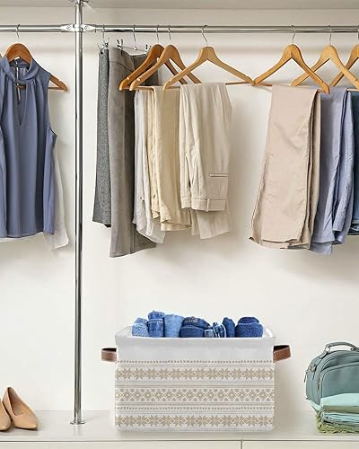 Miniatura 5 de Cesta de almacenamiento bohemia beige para organizar estantes, cajas de almacenamiento plegables con asa, cesta de lona de arte abstracto geométrico