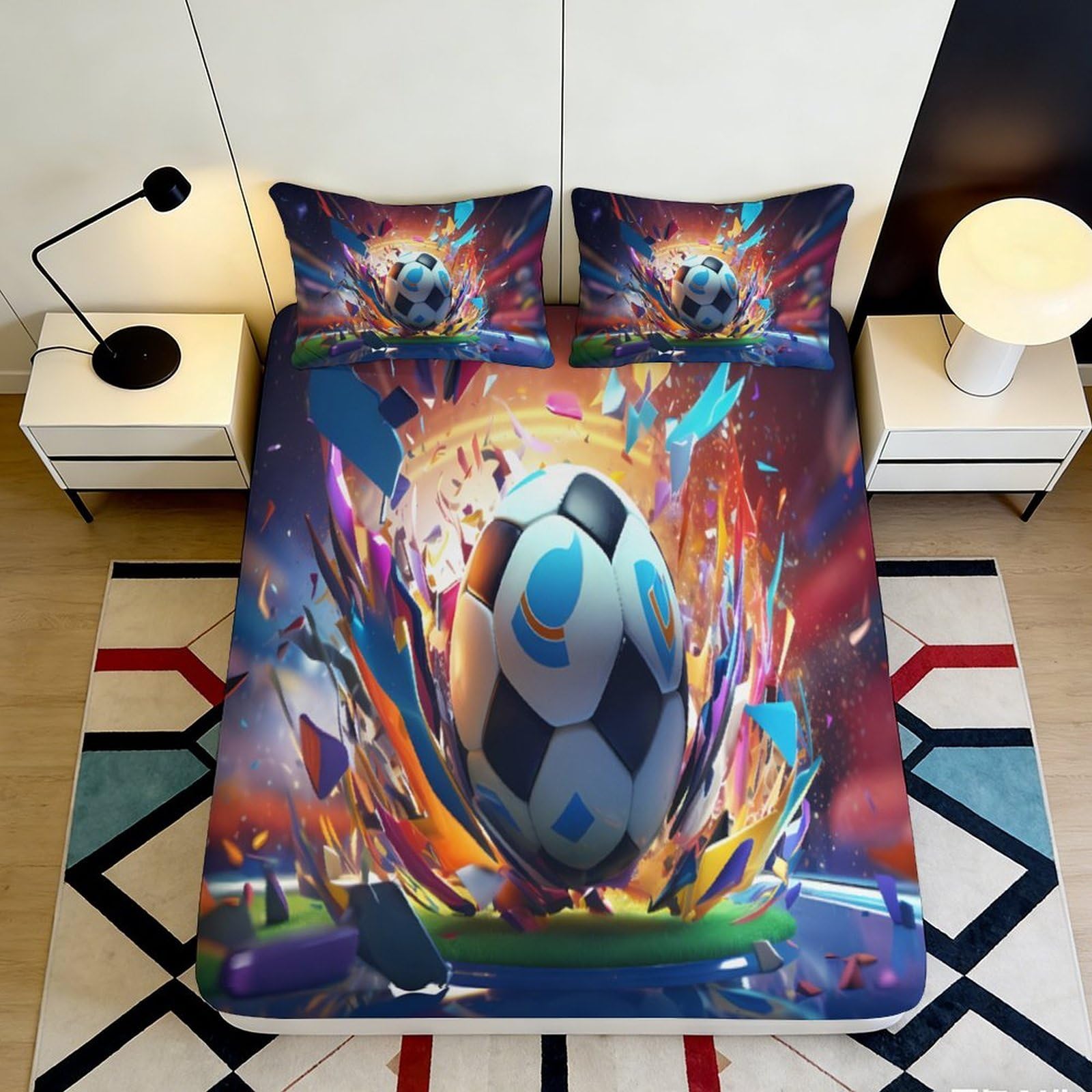 3D Printed Exploding Soccer Ball Fitted Sheet Microfiber Soft Breathable Vibrant Football Bed Cover for Bedroom Dormitory Guest Room Mattress Protection 140x200x25cm