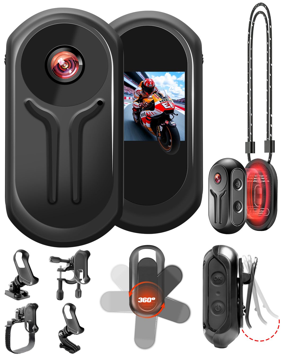 1080P Action Cam mit 0,85-Zoll-Display, BodyCam Körperkamera Mini Magnetisch mit 120° Weitwinkel, 360° Rückenclip, 120-Minuten-Batterie, Ski Kamera, Motorrad Kamera, Helmkamera