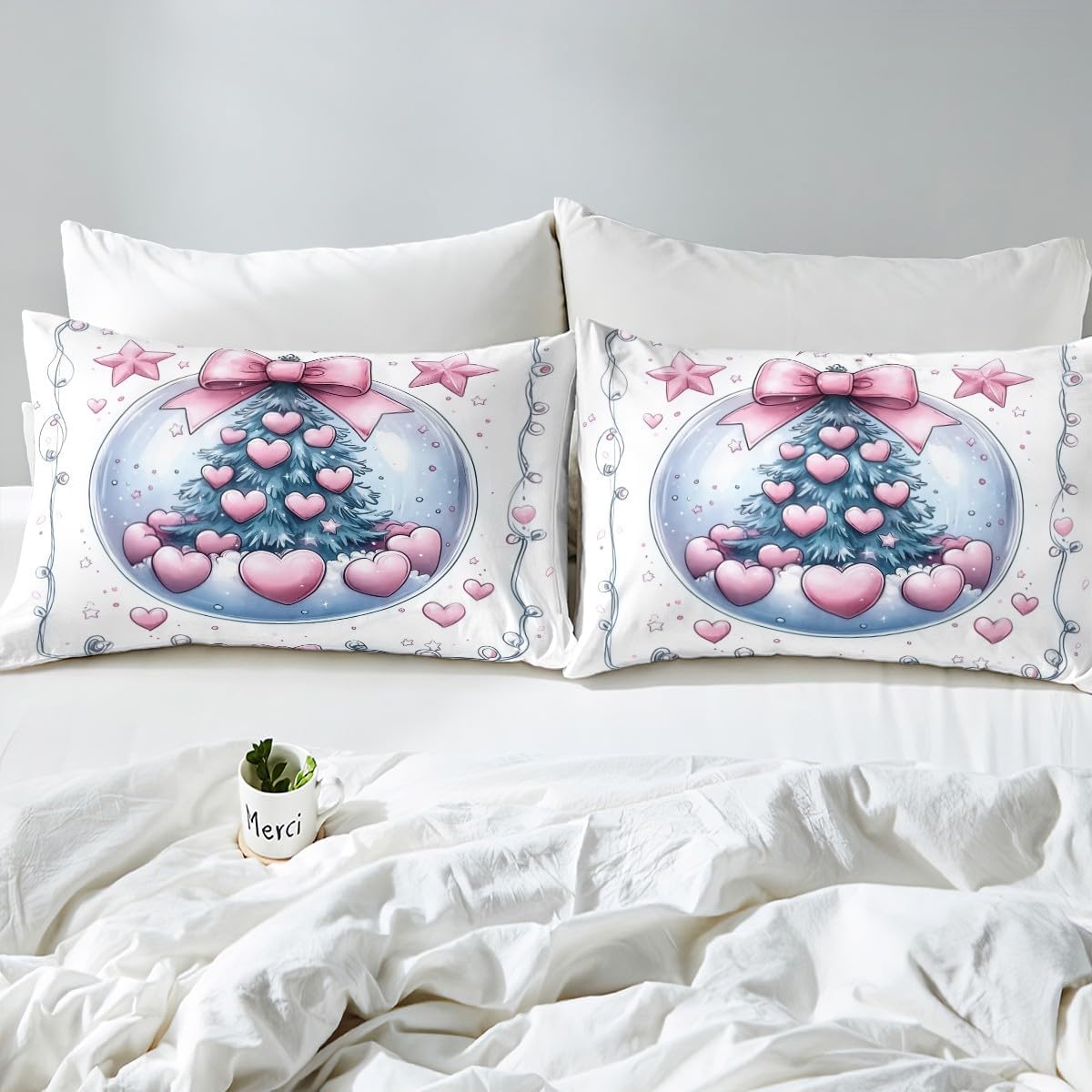 Manfei Christmas Tree Toddler Size Duvet Cover,Princess Style Pink Bowknot Stars Love Hearts Duvet Cover for Kids Teens All Season,Winter Xmas Starry Bedding Set,Pink White,No Comforter
