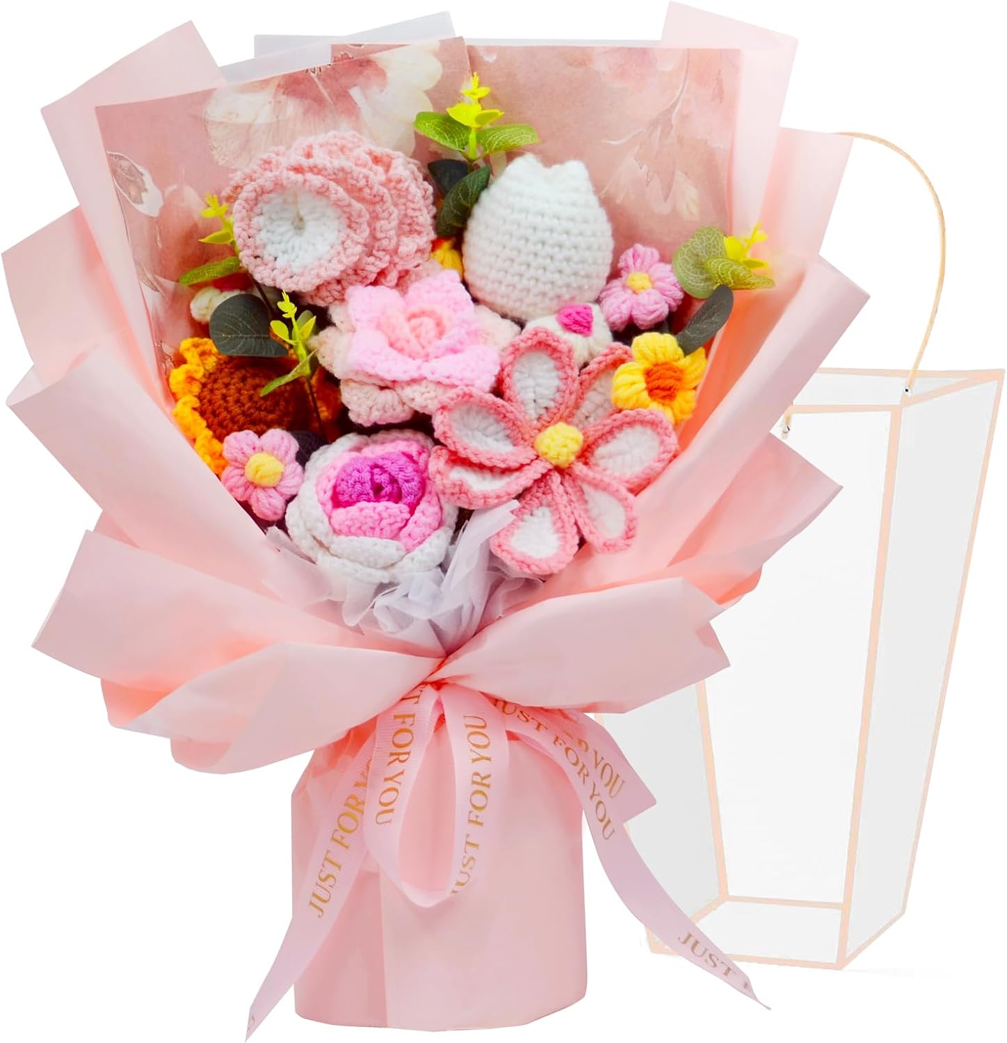 Large Crochet Flowers Bouquet – Handmade Knitted Tulips, Carnations, Sunflowers, Roses – Gift for Women for Valentine's Day, Anniversary, Birthday, Mother's Day, Wedding or Home Decor (Pink, 15.75″)