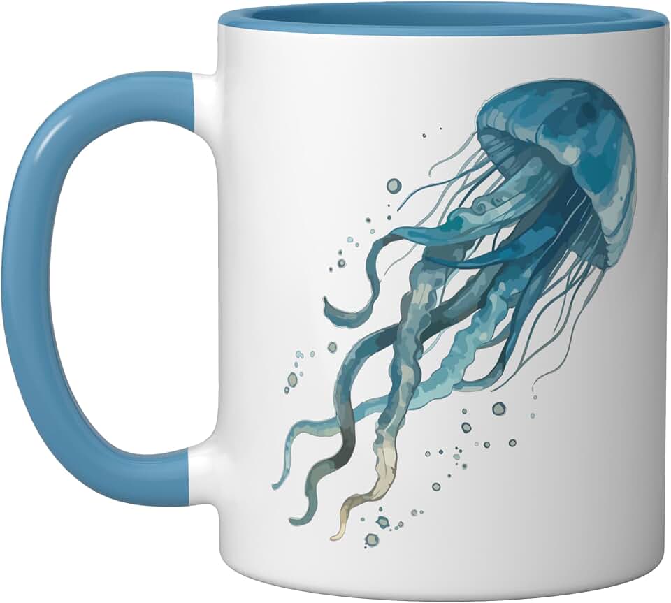 Sweet Jellyfish, Jelly Fish Mystical Ceramic Mug, Blue/White