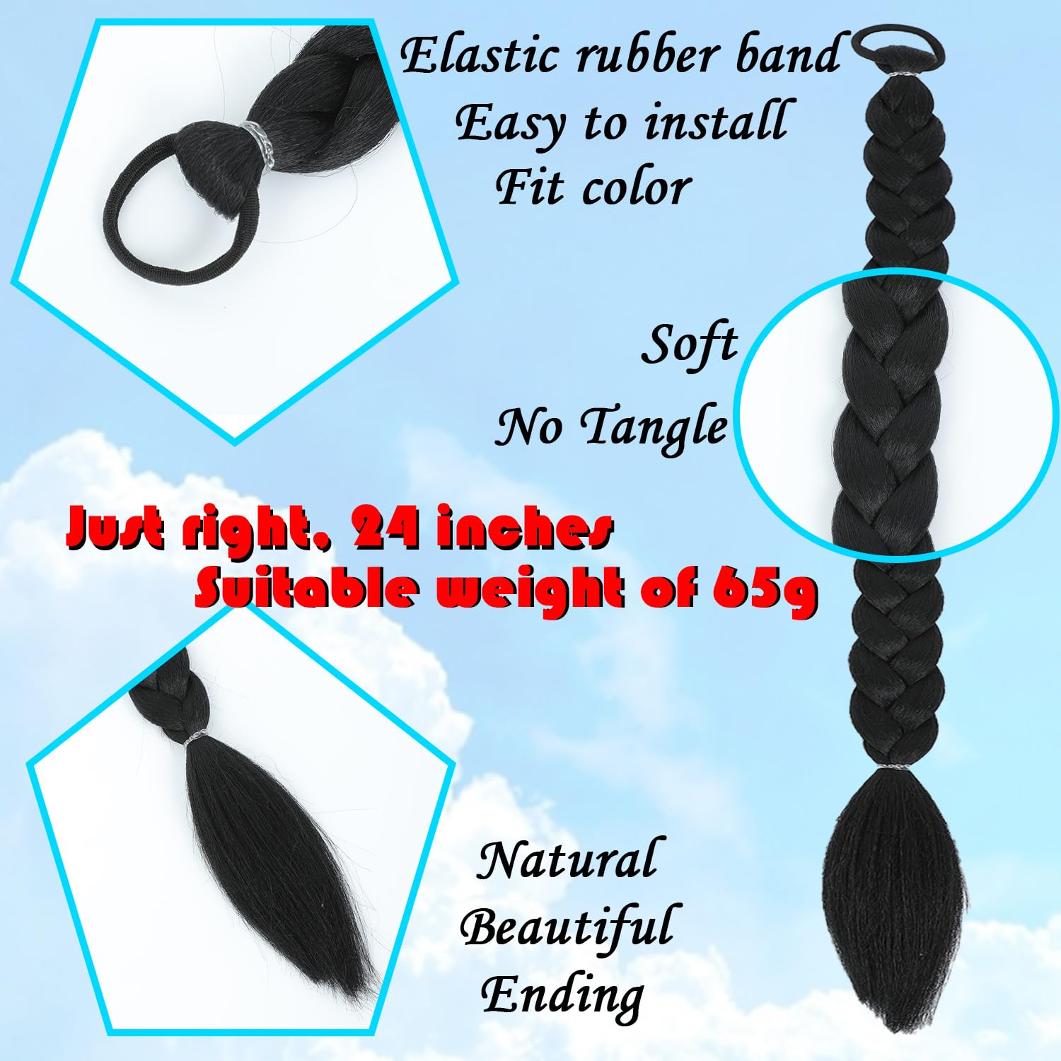 Ponytail Extension Ponytail-Extensions -for-Black-Women24inch 2pc Braided-Ponytails-Extension Braid-Extensions-Long-Braided-Ponytail-Extension(Natural Black)