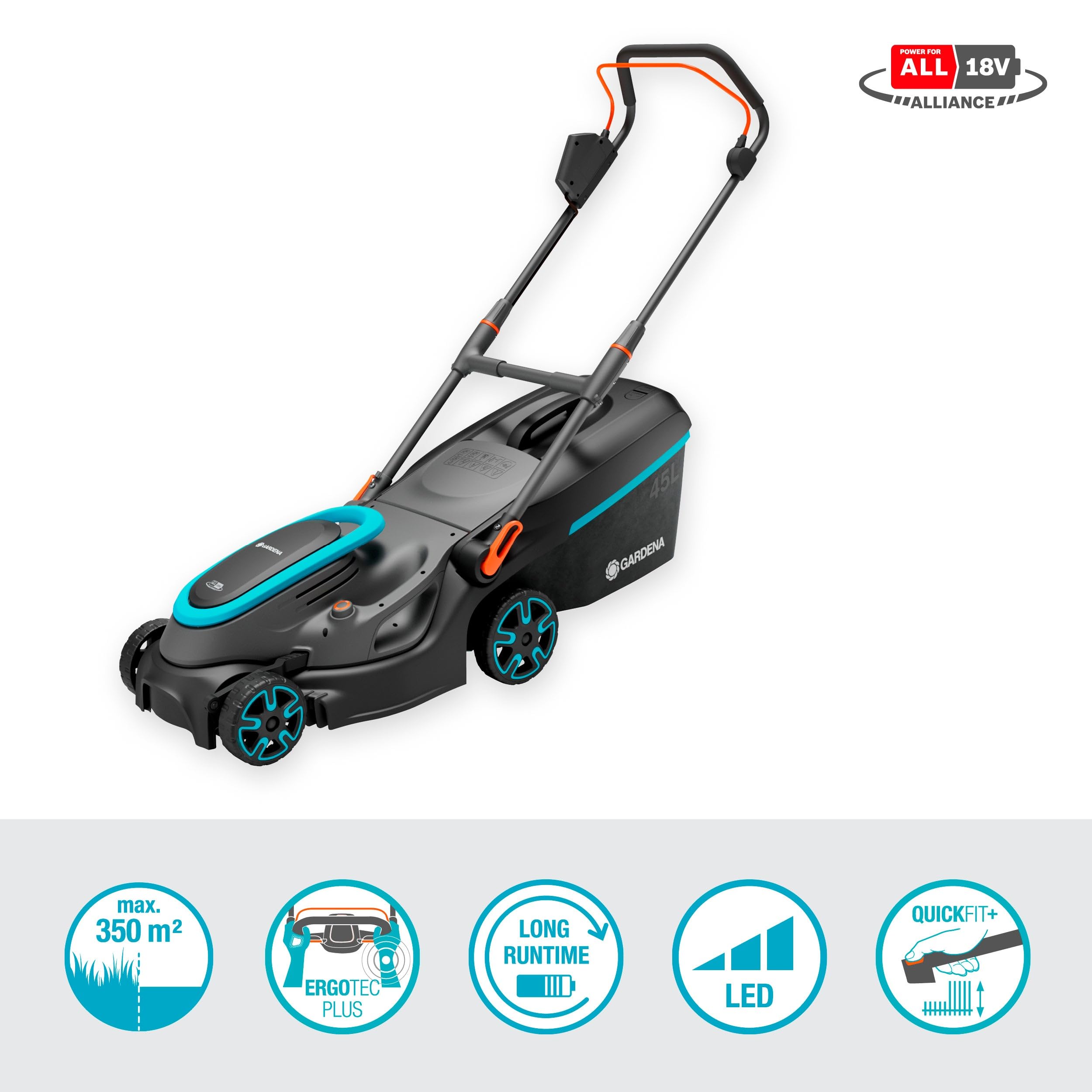Gardena Akku-Rasenmäher PowerMax 37/36V P4A Ready-to-Use Set: 37 cm Schnittbreite, 45 l Fangkorb, Ergonomisch, Höhenverstellung, Kabellos (14638-20)
