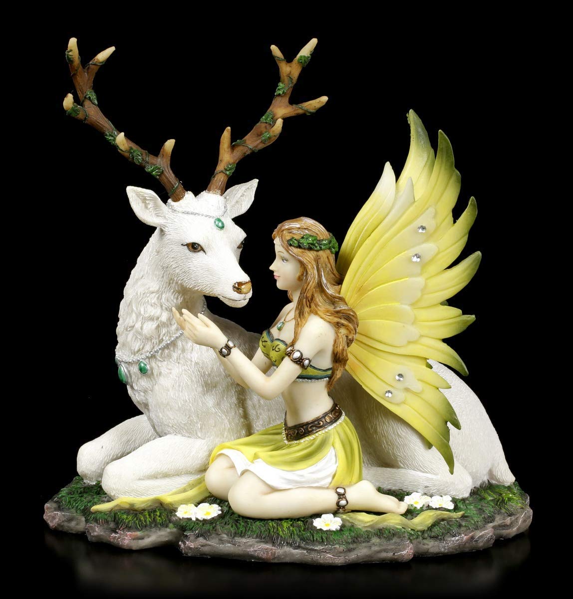 Figuren Shop GmbH Elfen Figur weißem, liegenden Hirsch - Adoration | Fantasy-Figur, mit Schmucksteinen verziert, handbemalt
