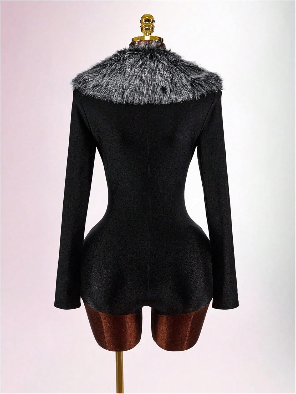 WDIRARA Women's Faux Fur Deep V Neck Long Sleeve Romper Fuzzy Bodycon Shorts Jumpsuit Rave Party - Image 2