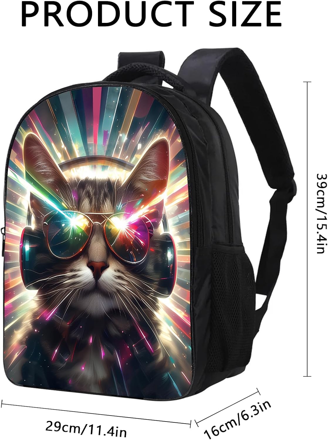 KOYI Cat Backpack Cute DJ Cat with Sunglasses Backpack Cat Love Music Backpack Laser Cat Colorful Sparkle Light Backpack, 16 Inch Kids Backpacks for Kindergarten, Elementary School Boys and Girls