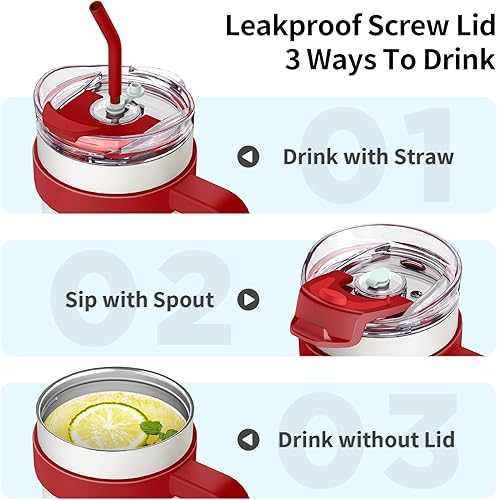 Miniatura 5 de KETIEE Vaso de 40 onzas con asa y popote, taza de viaje de acero inoxidable a prueba de fugas con tapa atornillada y pajilla, botella de agua