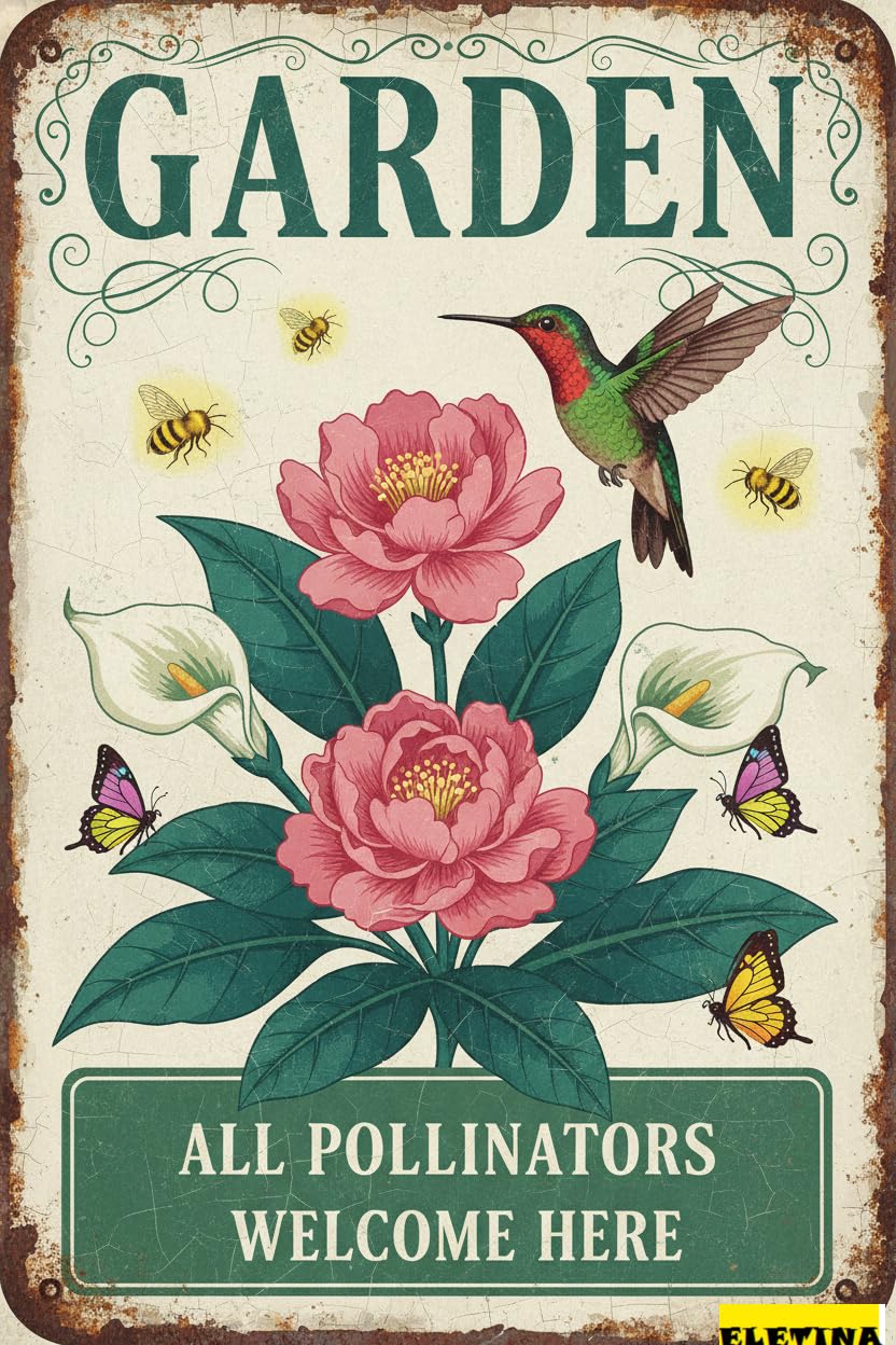 Vintage Metal Tin Sign Garden S - Retro Backyard Wall Decor Metel S Gift Gardening Lovers - All Pollinators Welcome Here 8"x12"