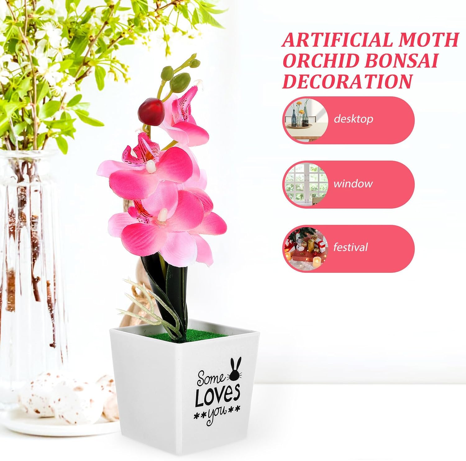 VALICLUD Xmas Artificial Moth Orchid Bonsai, Red Plastic Desktop Decor image 3