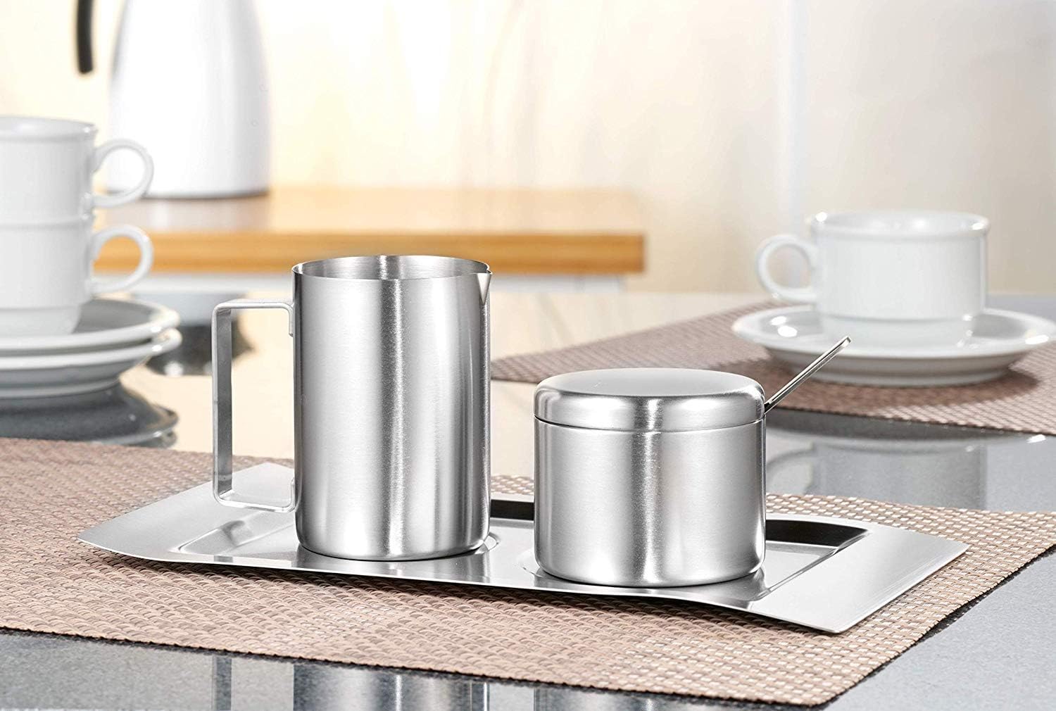 Esmeyer Sugar & Milk Set Wave 4-pcs. of Stainless Steel Brushed, Silver, 26.3 x 15 x 7.6 cm
