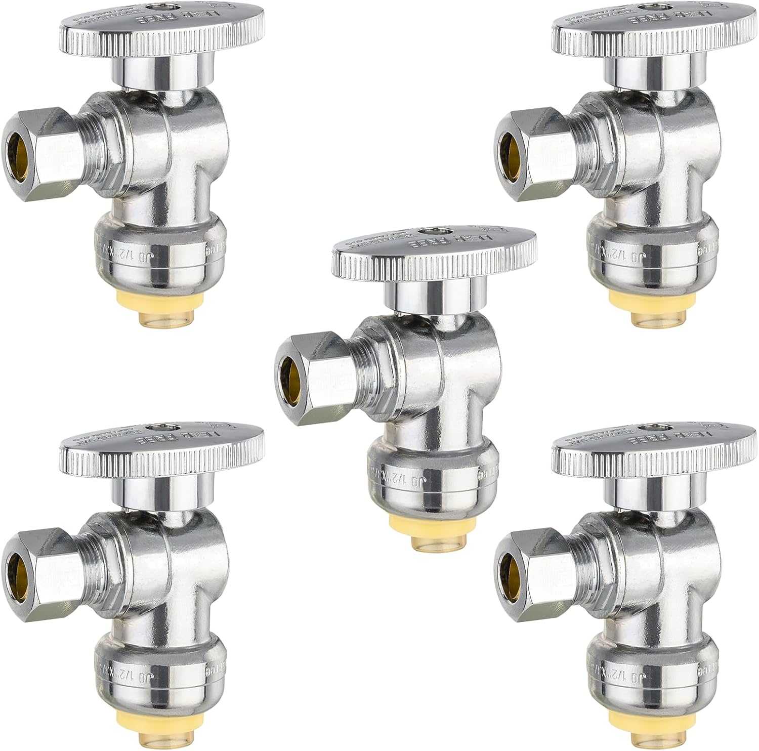 HeSun 5-PCs Push-Fit Angle Stop Valve, 1/2" Push x 1/4" OD Compression Angle Stop, 1/4 Turn Water Shut Off Valve for Bathroom with Disconnect Clip Tool