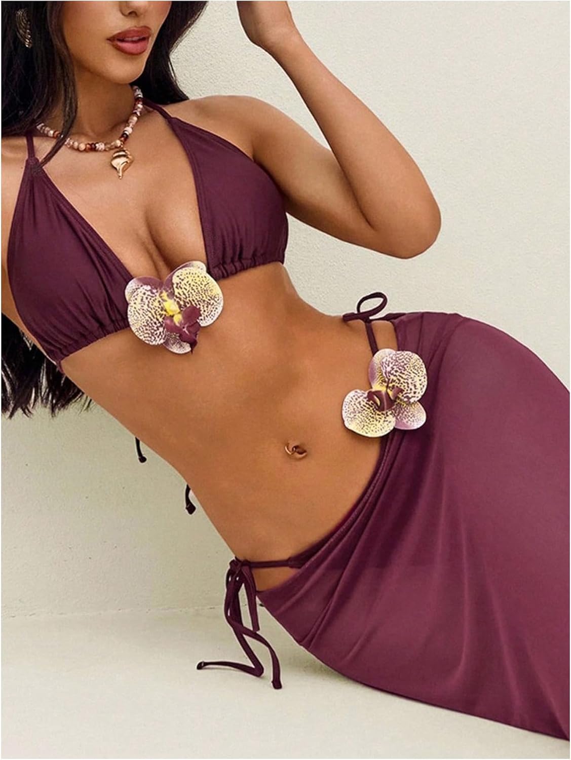 OYOANGLE Women's 3 Piece Bikini Swimsuits 3D Floral Triangle Halter Bathing Suit with Cover Up Mesh Long Beach Skirts - Image 4