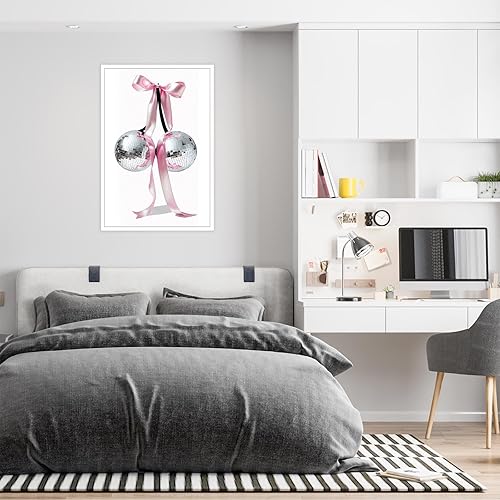 Miniatura 3 de Arte de pared de lazo rosa de moda, pósteres de lona retro de cereza, bola de discoteca de coqueta, cinta femenina de moda, decoración de pared para