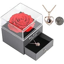 Skalago Preserved Real Rose with Heart Necklace I Love You in 100 Languages Gift Set, Handmade Enchanted Real Rose Flower for Valentine&rsquo;s Day Anniversary Birthday Romantic Gifts for her (Red)