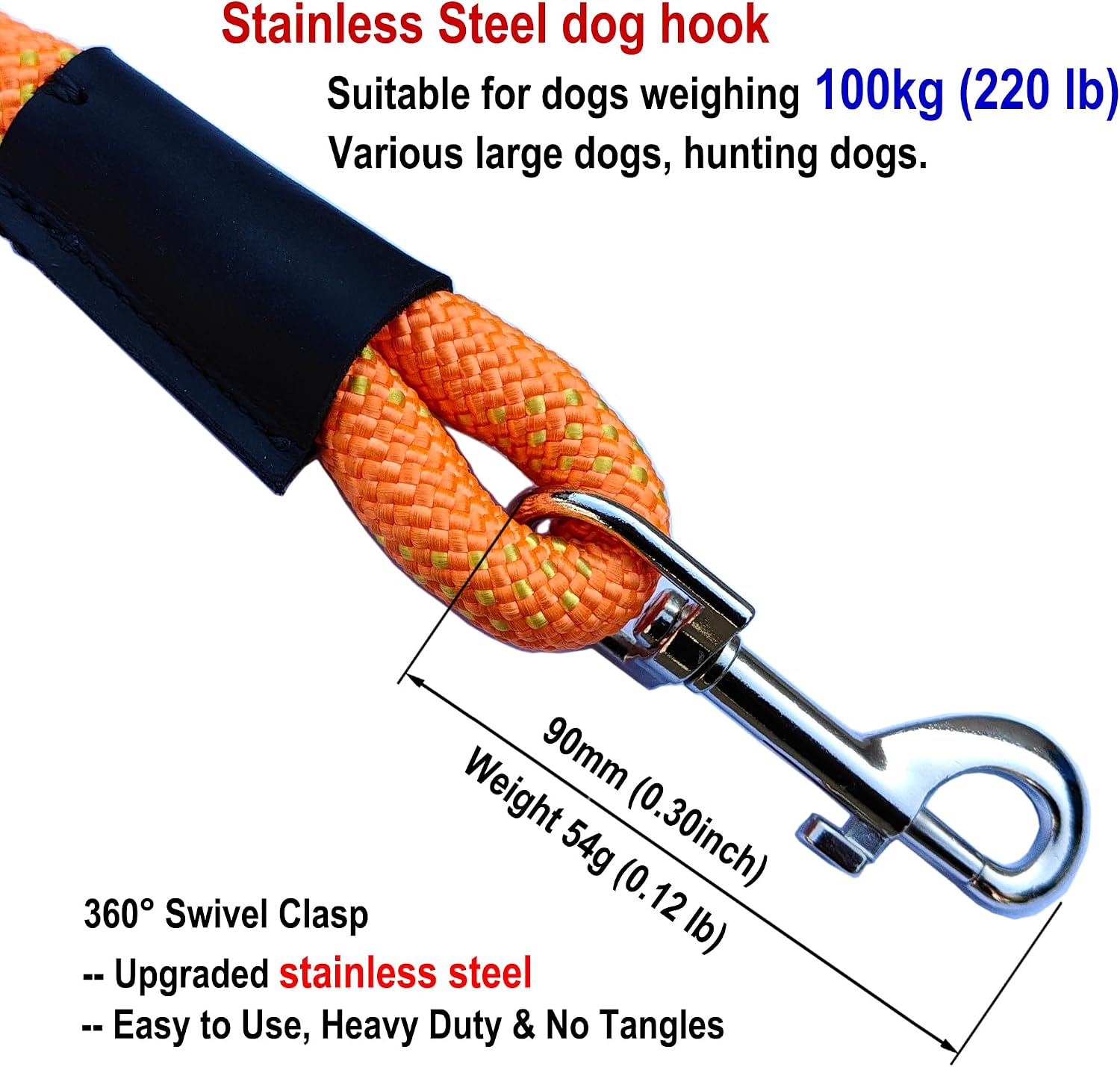 Handmade Thick Dog Rope Leash with Leather Handle for Medium Large Dogs,Heavy Duty Dog Loop Leashes No Pull Pet Training Lead (Orange, 0.55in X 9FT)