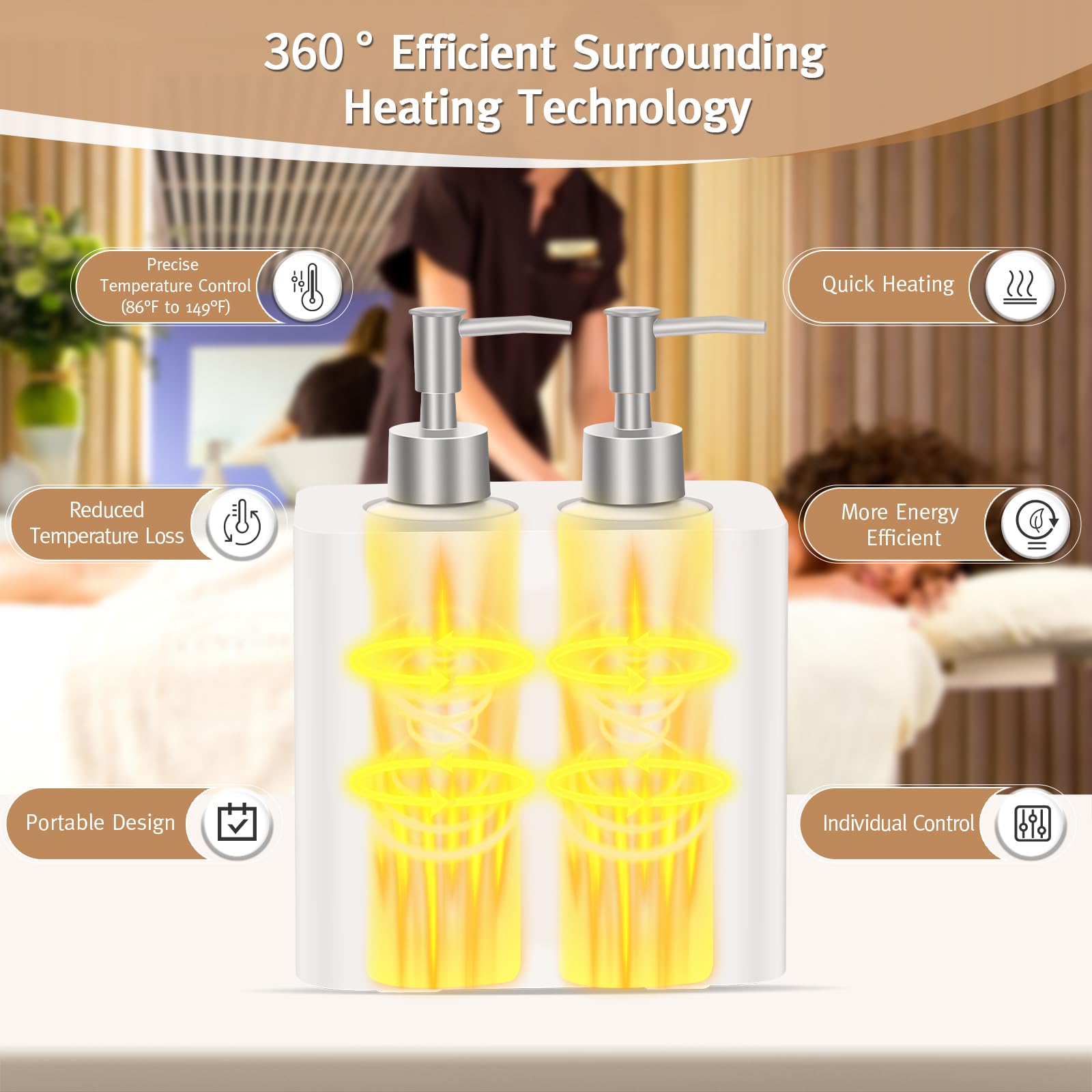Meifuly Calentador de aceite de masaje para spa, calentador de aceites corporales con dispensador de 4 botellas, calentador digital profesional de loción eléctrica