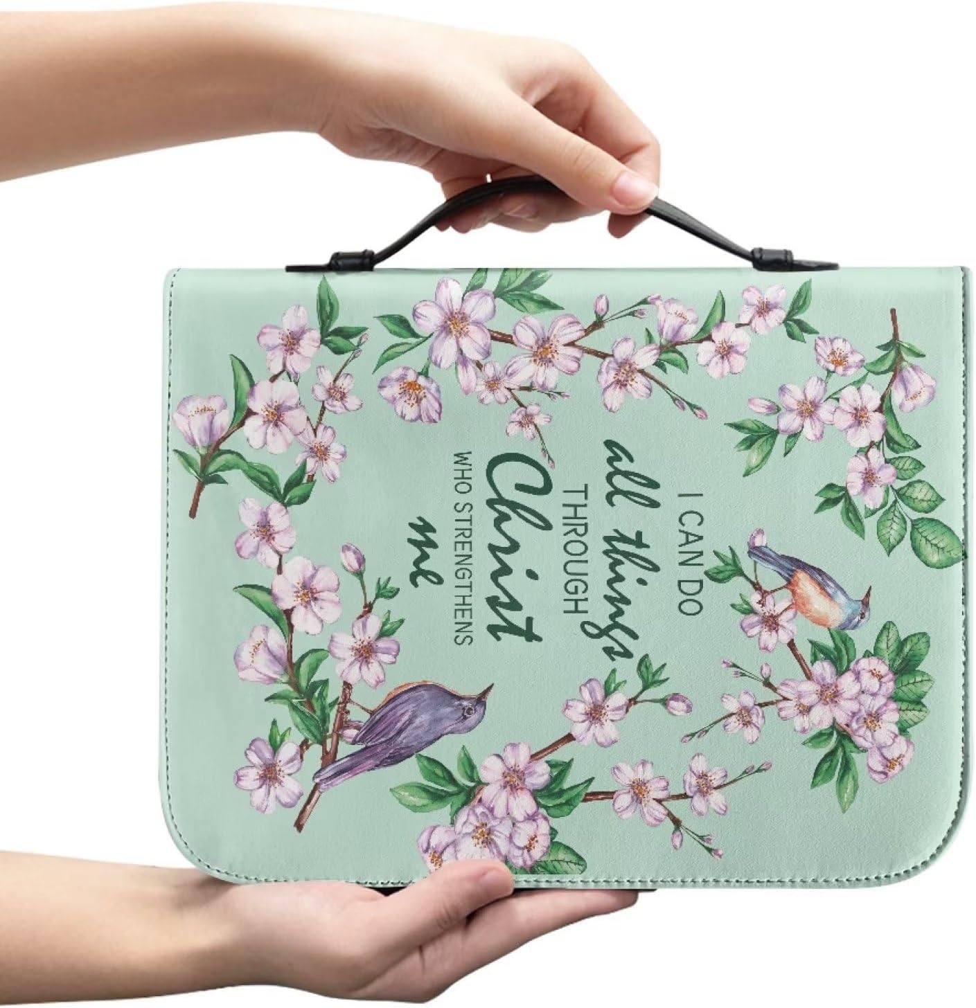 Pink Flower Green Leaf and Bird Bible Cover for Women Pu Leather Bible Case Pens Study Journal Organizer Waterproof Church Tote Bag for Christian