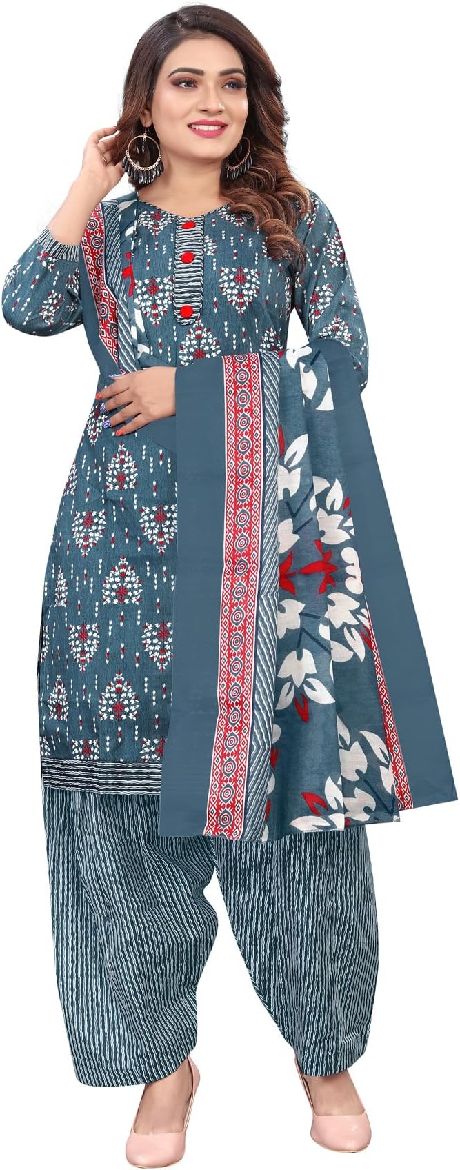 RajnandiniGrey & White Cotton Printed Ready to Wear Patiala Salwar Suit (JOPLVSMRW5160-P)
