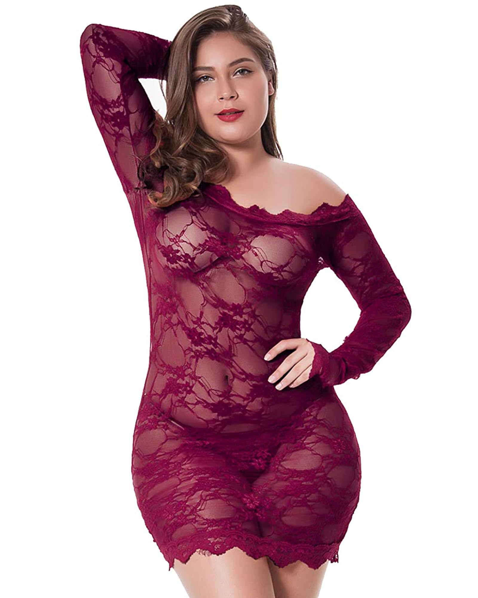 LINGERLOVEWomens Plus Size Sexy Long Sleeve Lace Babydoll Lingerie Off Shoulder See Through Chemise Bodysuit