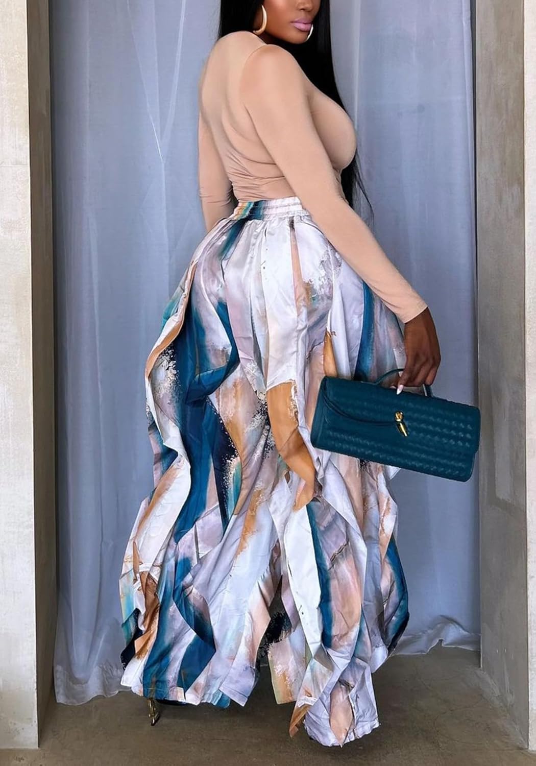 HuiSiFang Women's Casual Baggy Cargo Pants Ruffle Patchwork Parachute Trousers High Waisted Palazzo Pants with Drawstring