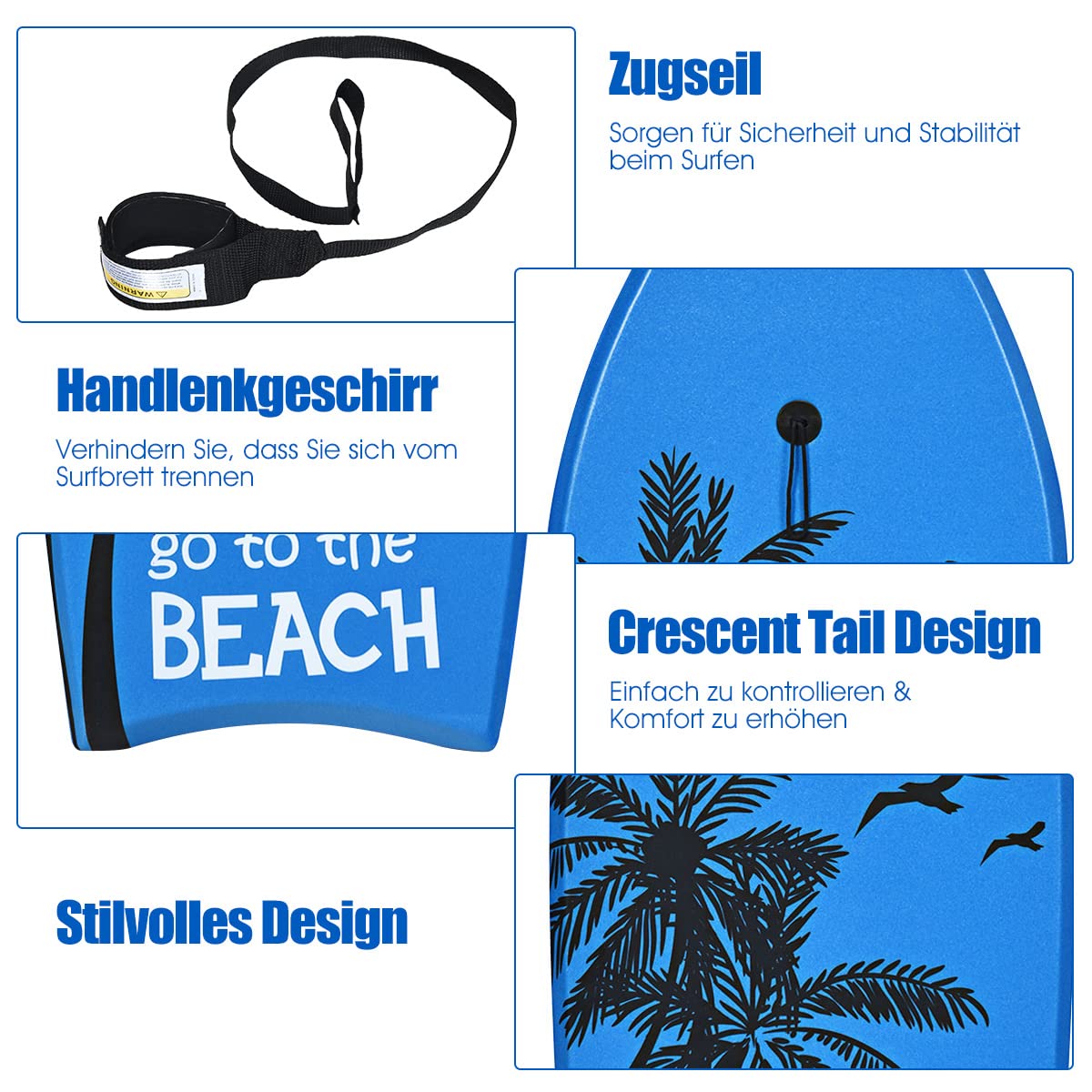 DREAMADE Bodyboard mit 90 cm Sicherheitsleine, bis zu 85kg belastbar, Surfbrett aus XPE & HDPE &EPS, Surfboard für Erwasche & Kinder ab 14, 105x51x6cm