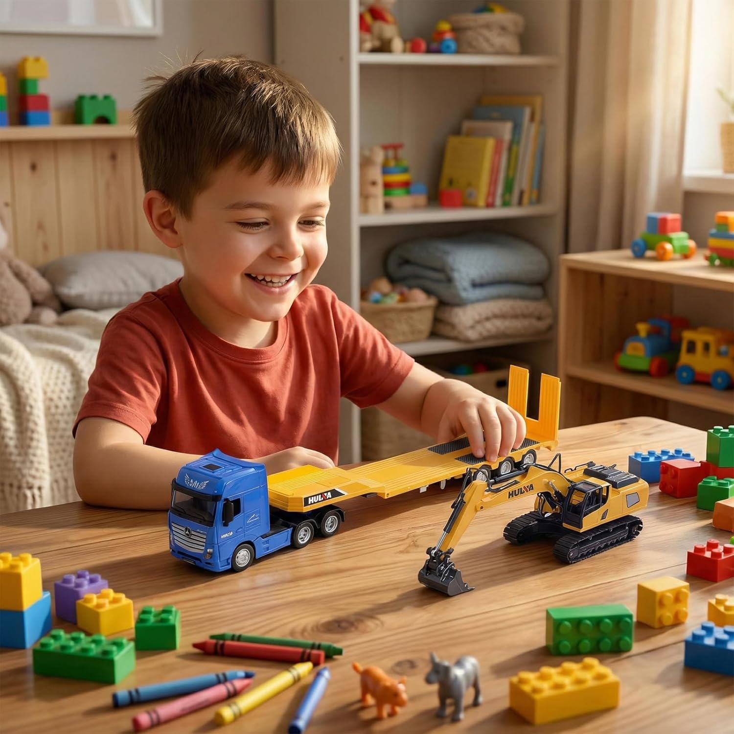 Gemini&Genius Construction Truck 2 in 1 Excavator with Metal Truck, Construction Vehicle Die-cast Toys for Kids