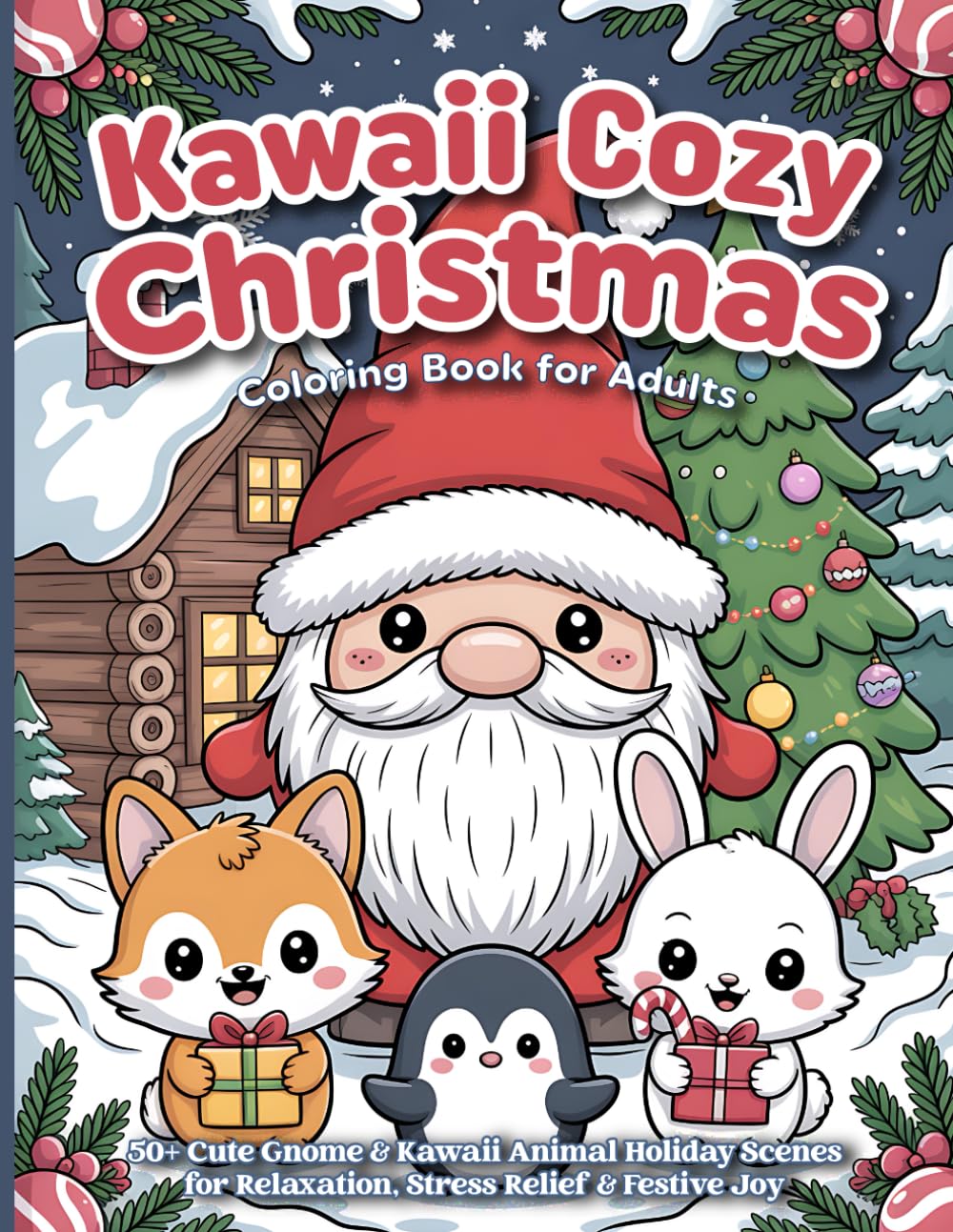 Kawaii Cozy Christmas Coloring Book for Adults: 50+ Cute Gnome & Kawaii Animal Holiday Scenes for Relaxation, Stress Relief & Festive Joy