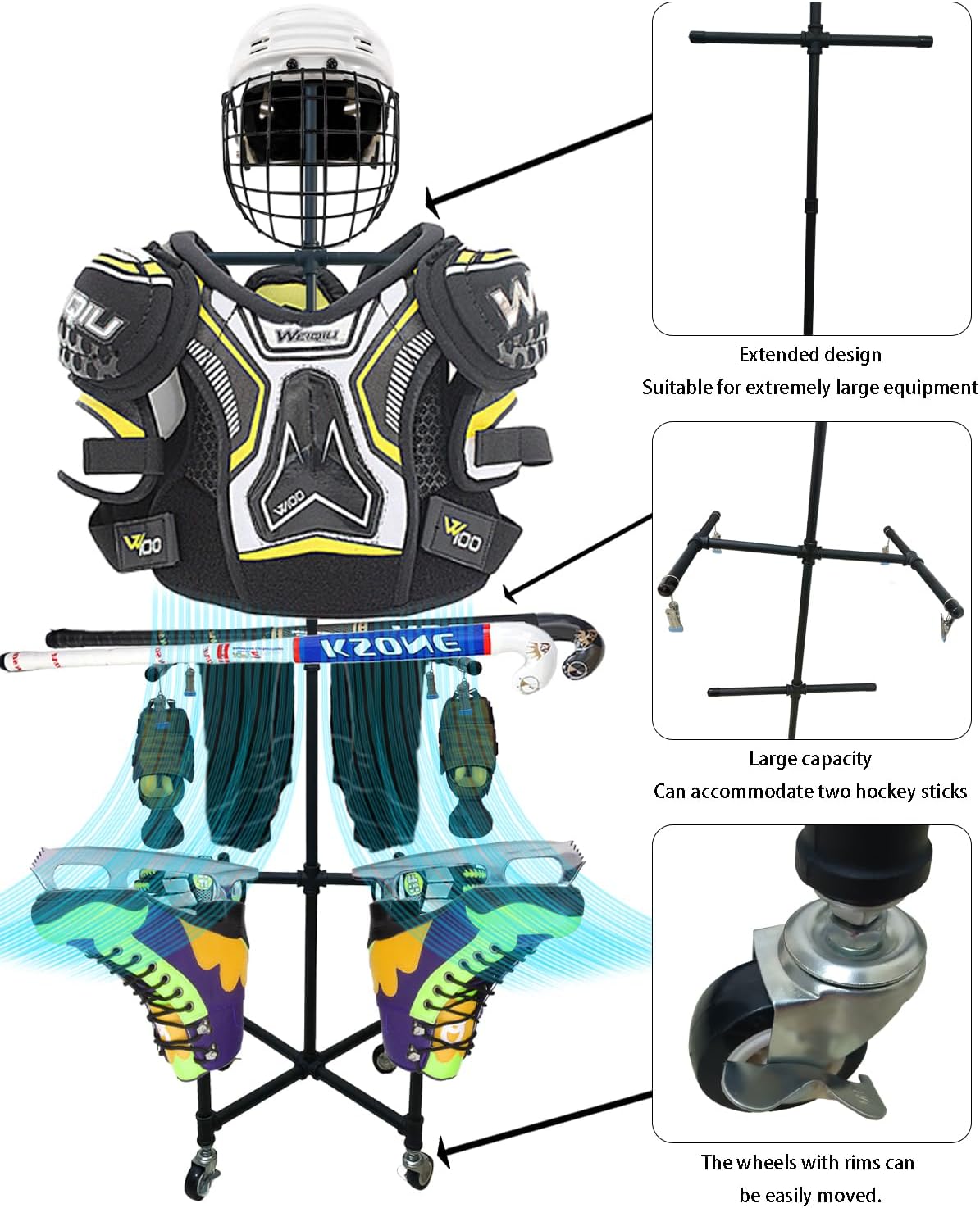 Hockey Drying Rack,The Four Wheels Attached to It Hockey Gear Drying Rack,Hockey Stand Suitable for Various Sports Such As Ice Hockey, Field Hockey, Skiing and Rugby, Etc
