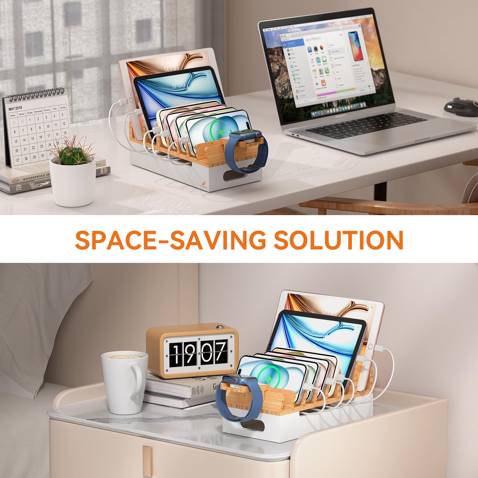 Pezin & Hulin Station de charge en bambou avec support de montre, support d'accueil pour appareils multiples avec hub de chargeur USB, 5 câbles de charge, organiseur électronique de bureau pour